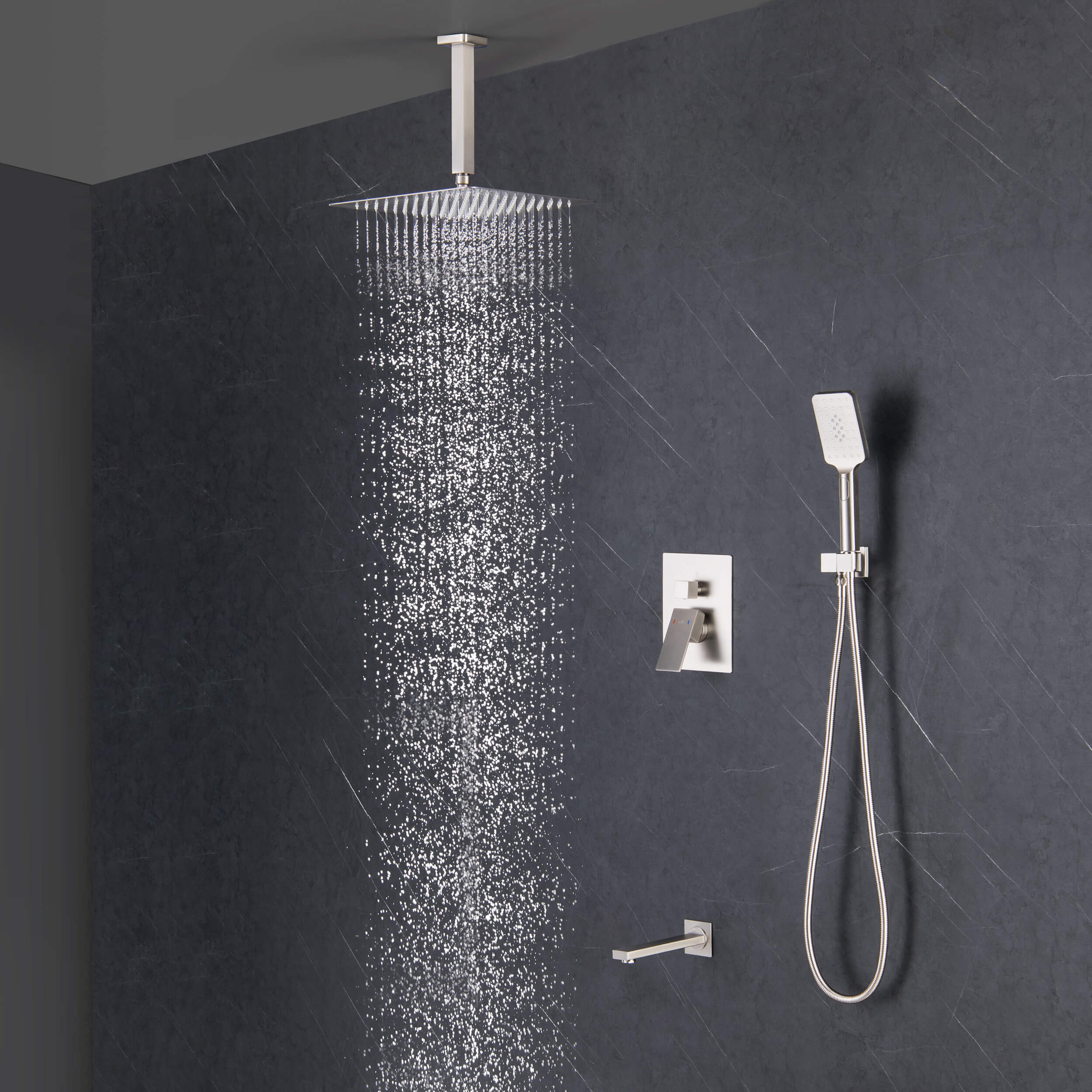 Cube Pressure Balanced Ceiling Mounted 3-Function Shower System with Rough In Valve - KSF413
