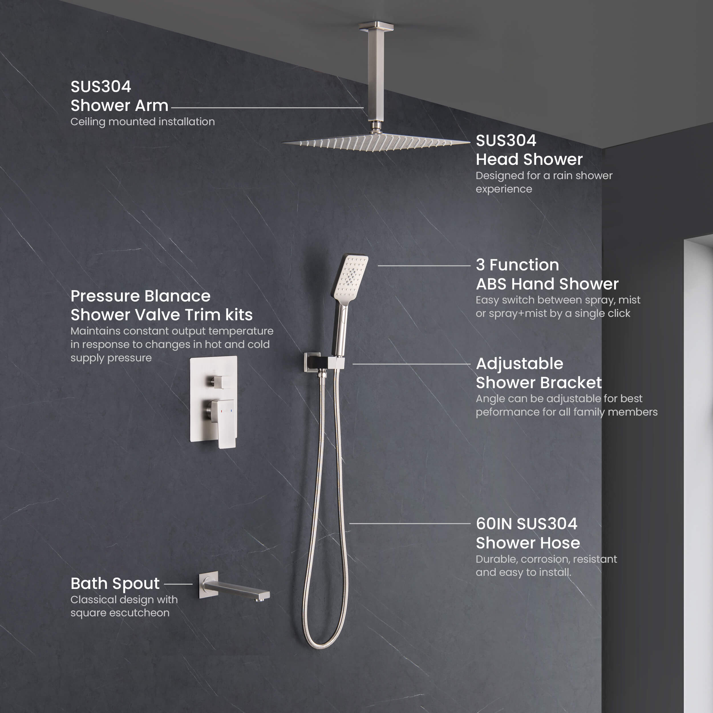 Cube Pressure Balanced Ceiling Mounted 3-Function Shower System with Rough In Valve - KSF413