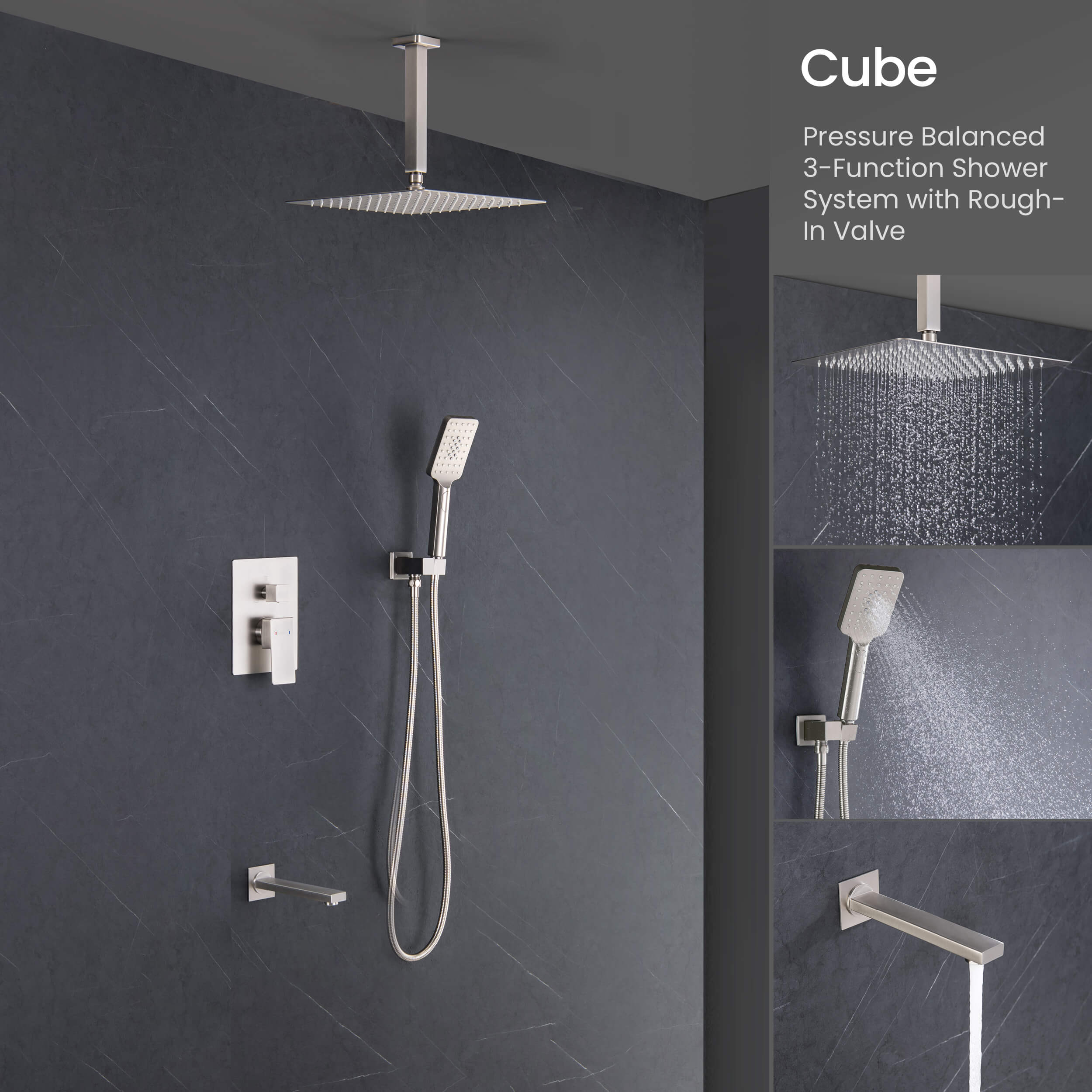 Cube Pressure Balanced Ceiling Mounted 3-Function Shower System with Rough In Valve - KSF413