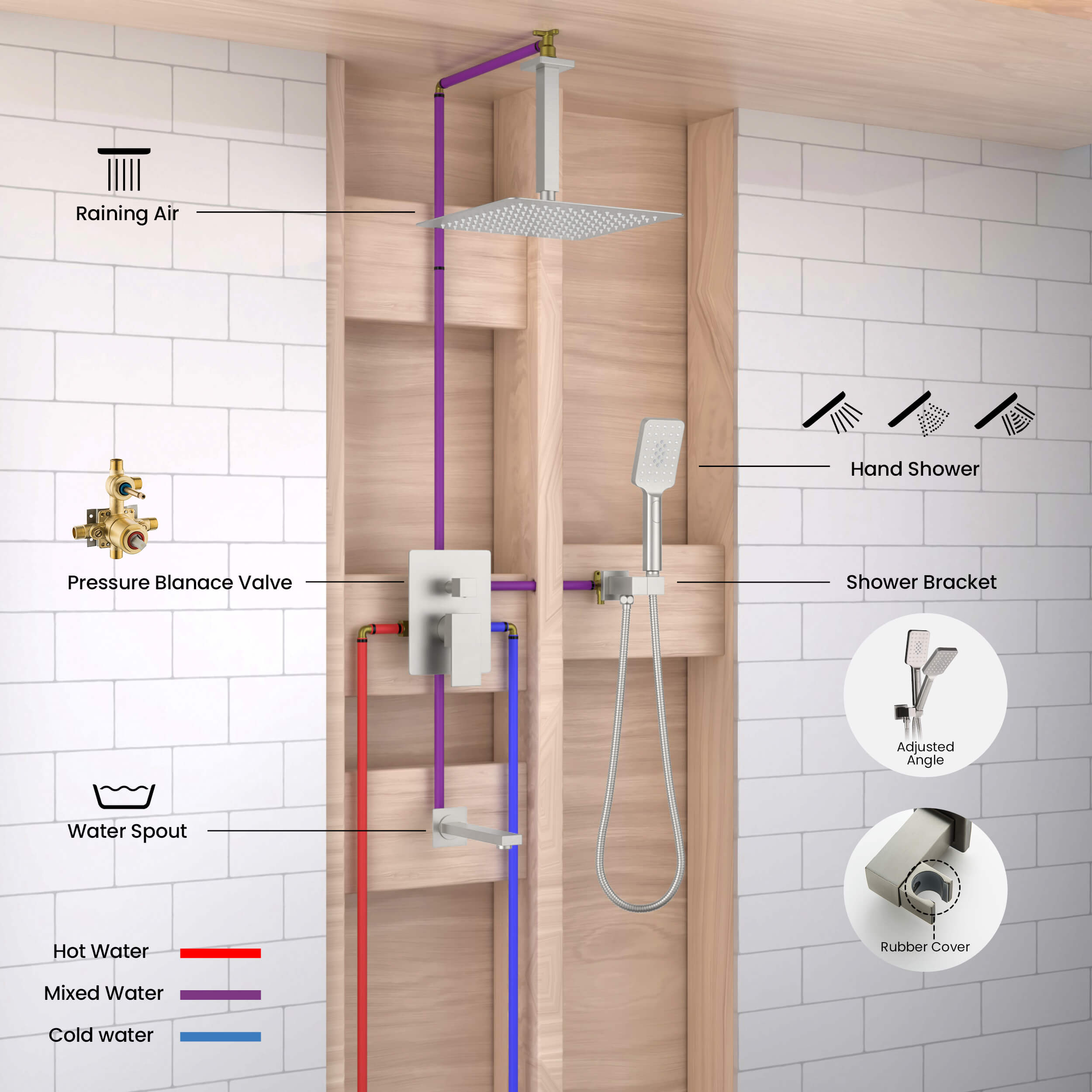Cube Pressure Balanced Ceiling Mounted 3-Function Shower System with Rough In Valve - KSF413