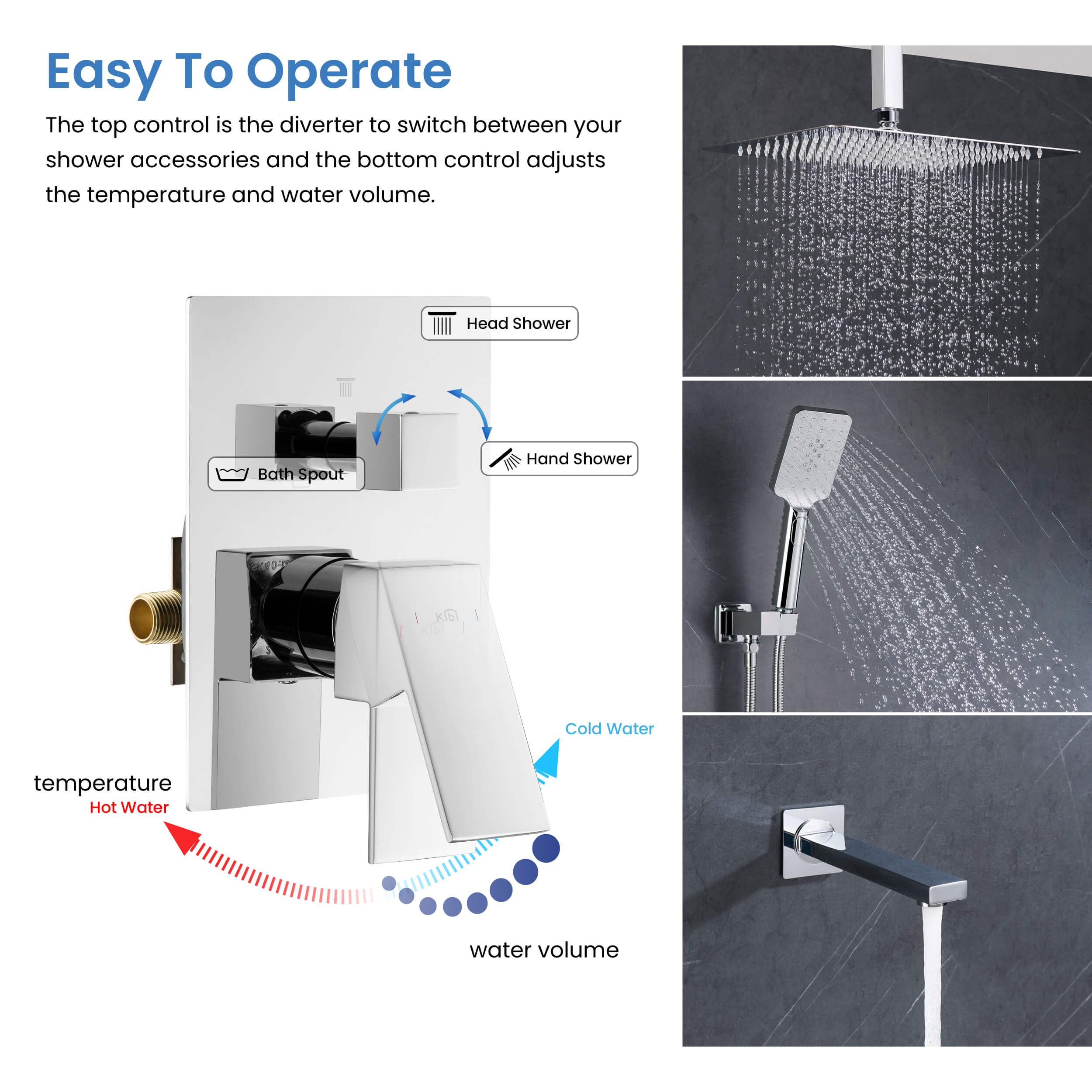 Cube Pressure Balanced Ceiling Mounted 3-Function Shower System with Rough In Valve - KSF413