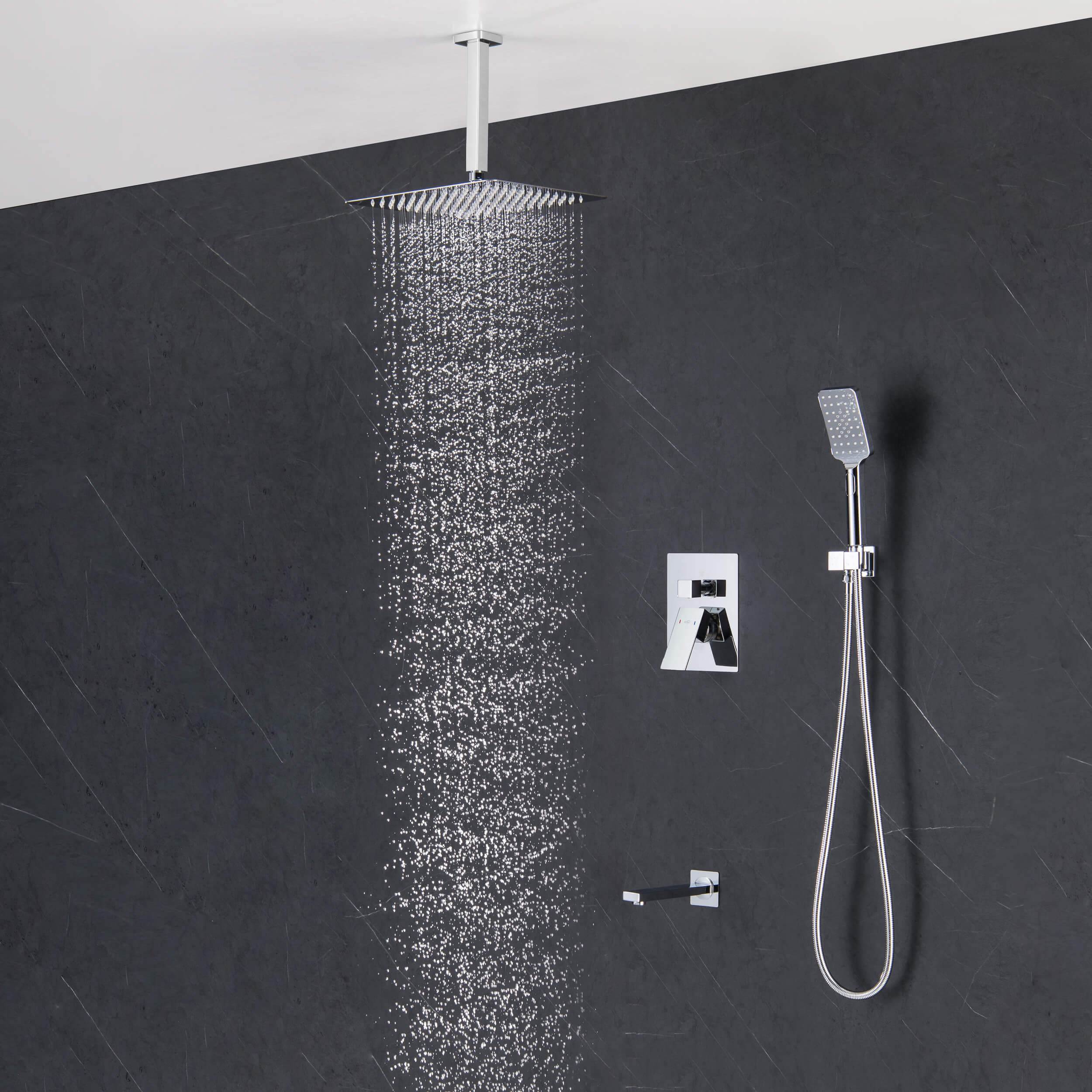 Cube Pressure Balanced Ceiling Mounted 3-Function Shower System with Rough In Valve - KSF413