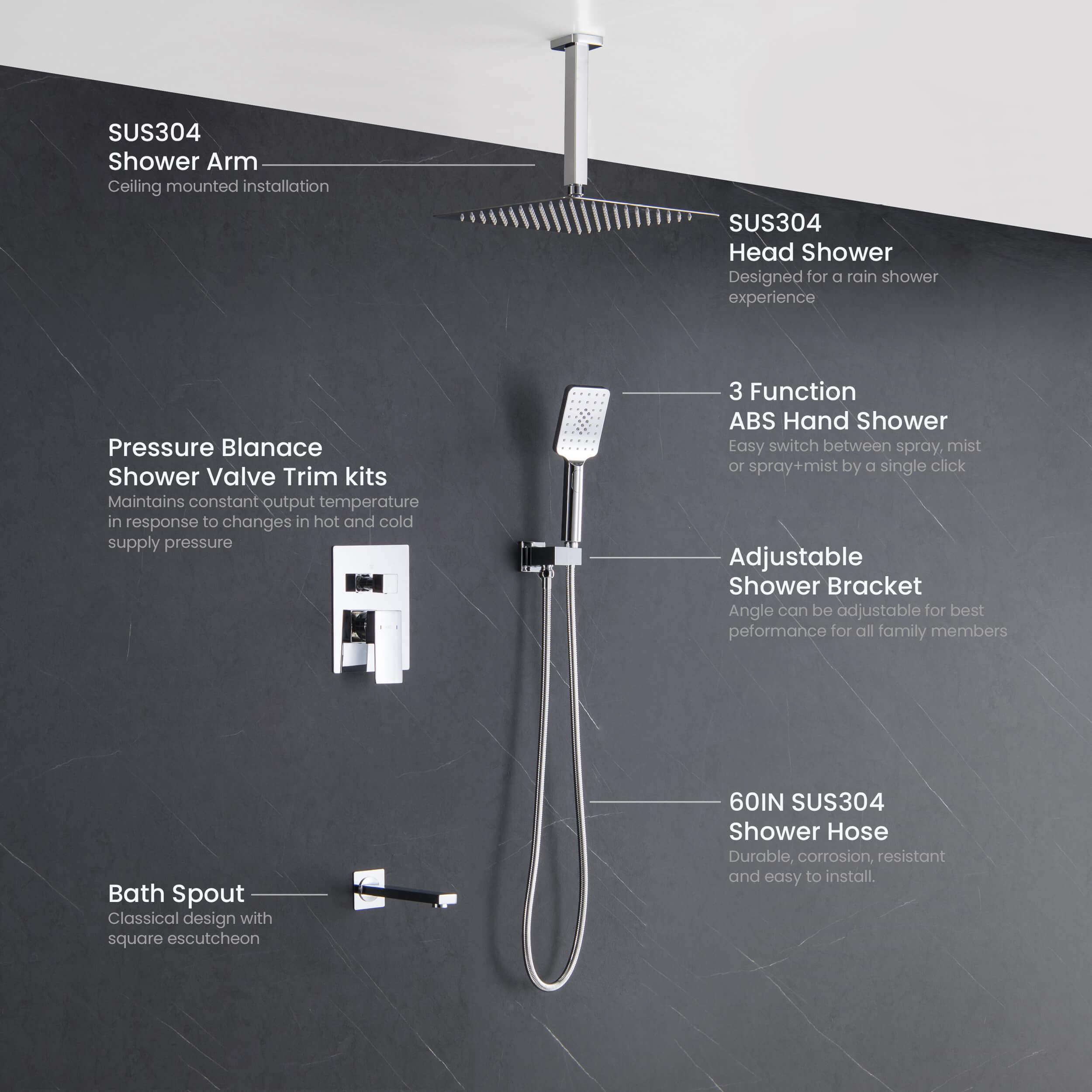 Cube Pressure Balanced Ceiling Mounted 3-Function Shower System with Rough In Valve - KSF413