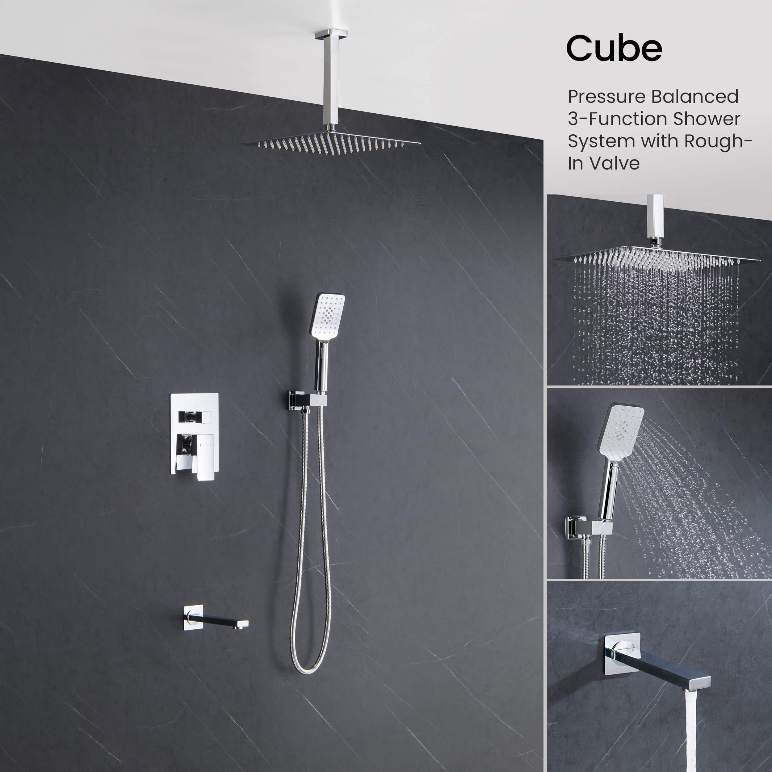 Cube Pressure Balanced Ceiling Mounted 3-Function Shower System with Rough In Valve - KSF413