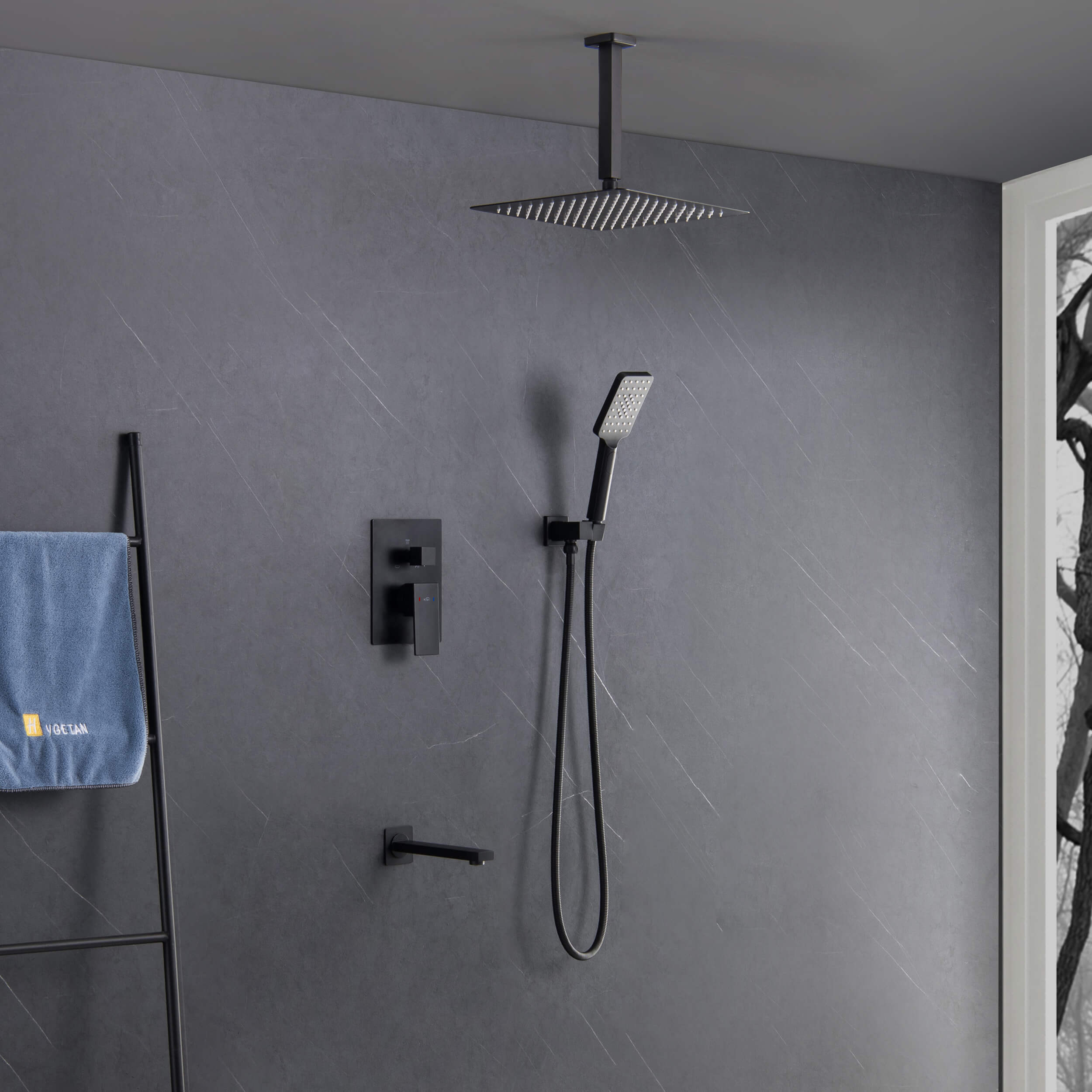 Cube Pressure Balanced Ceiling Mounted 3-Function Shower System with Rough In Valve - KSF413