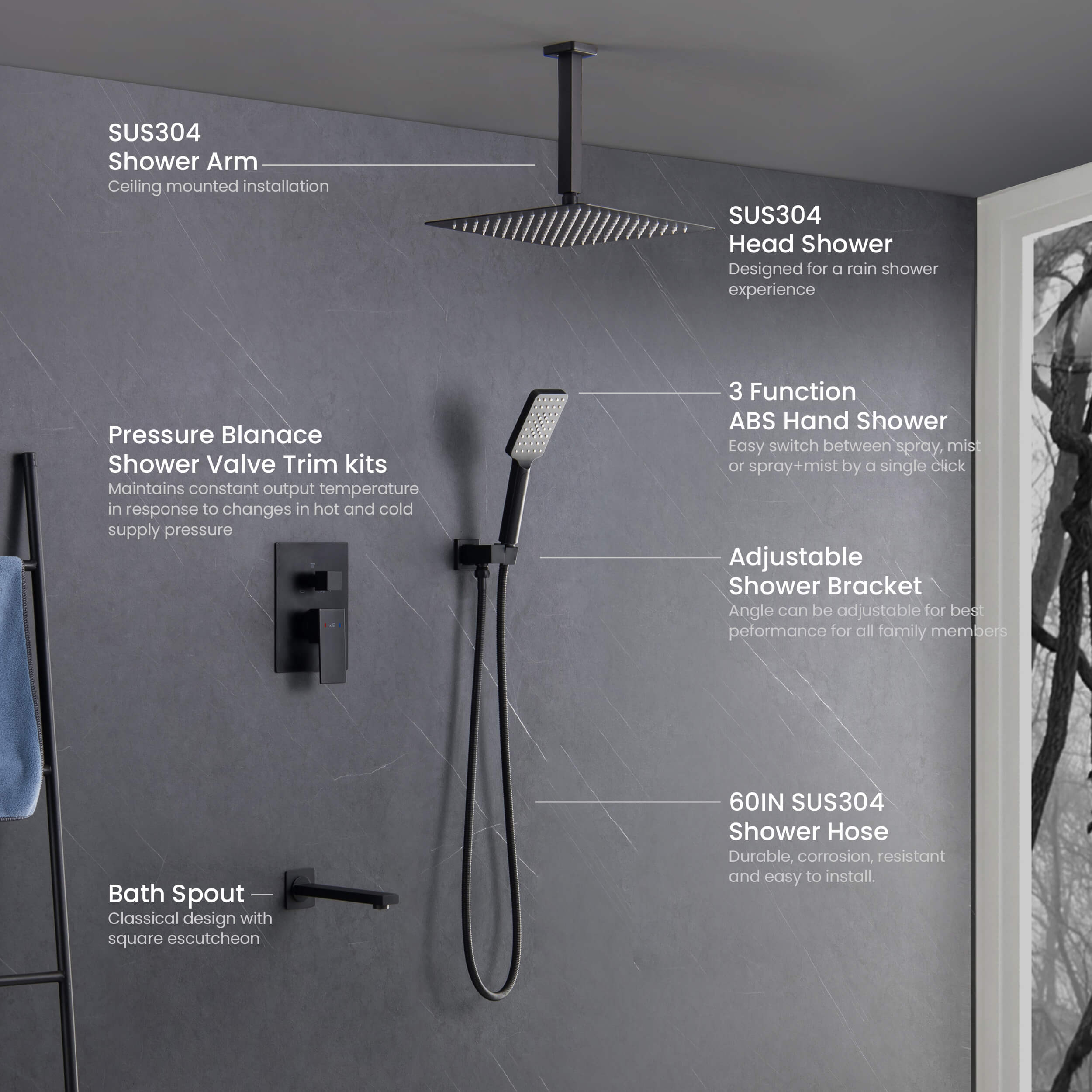 Cube Pressure Balanced Ceiling Mounted 3-Function Shower System with Rough In Valve - KSF413