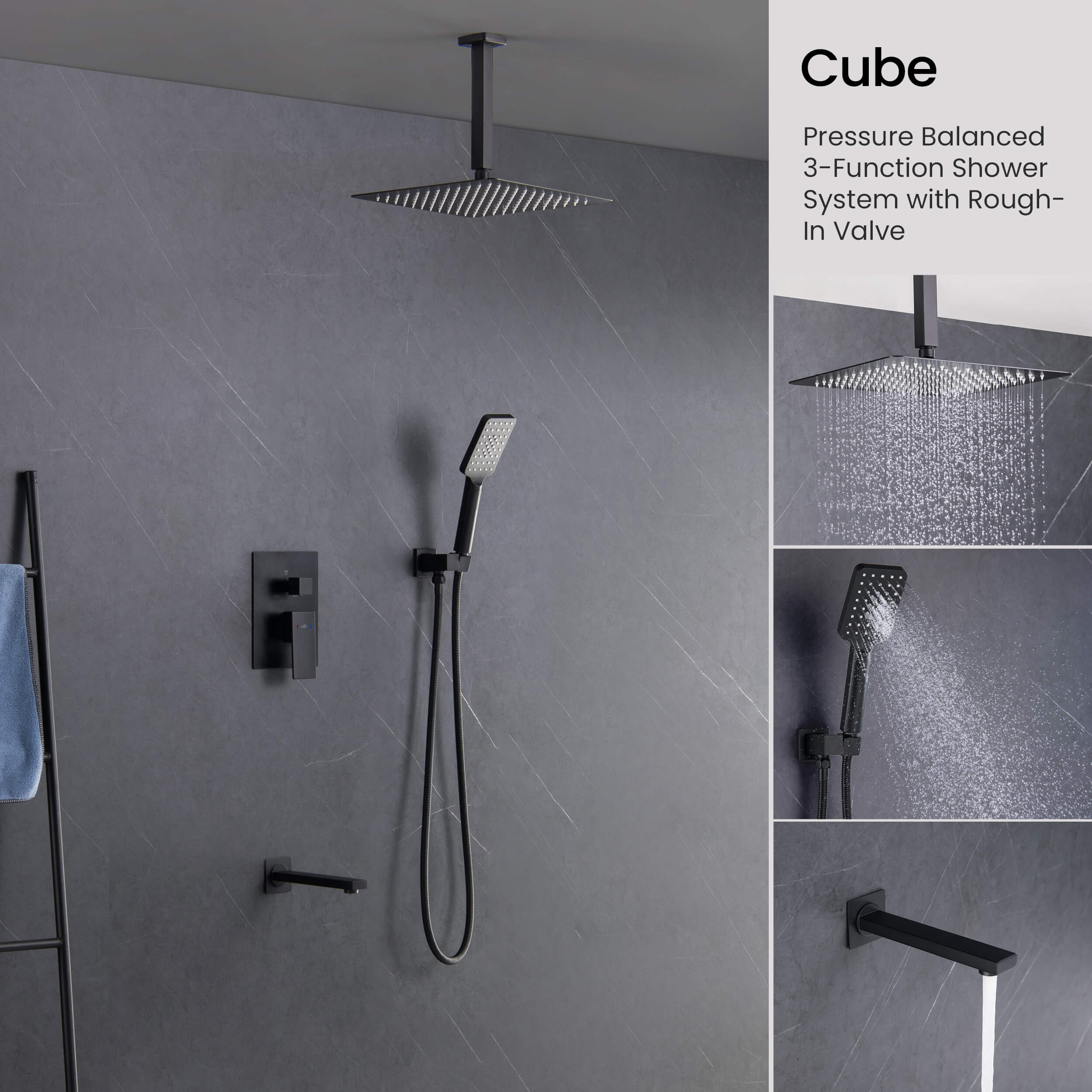 Cube Pressure Balanced Ceiling Mounted 3-Function Shower System with Rough In Valve - KSF413