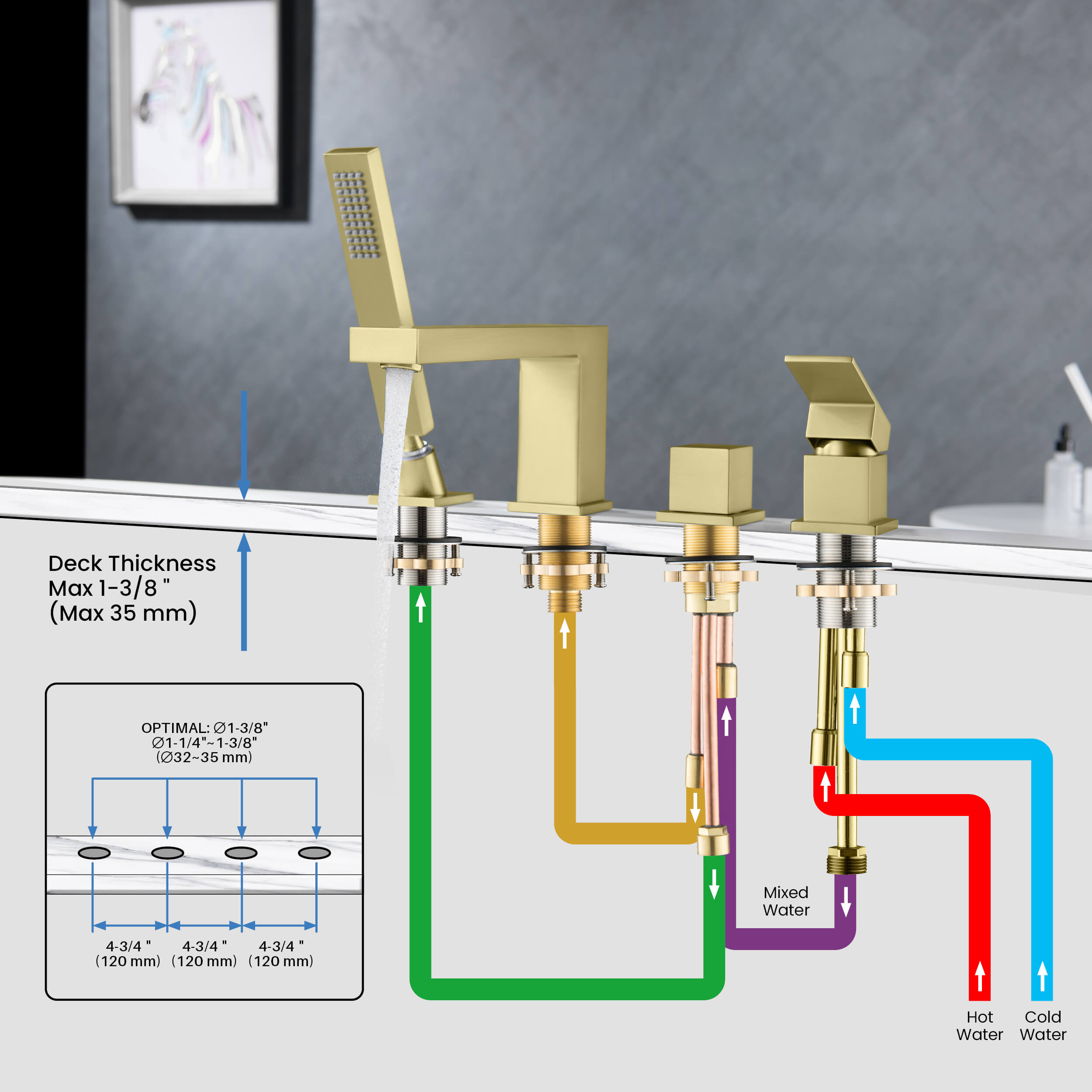 Cube Deck Mounted Bathtub Faucet with Hand Shower KTF3102