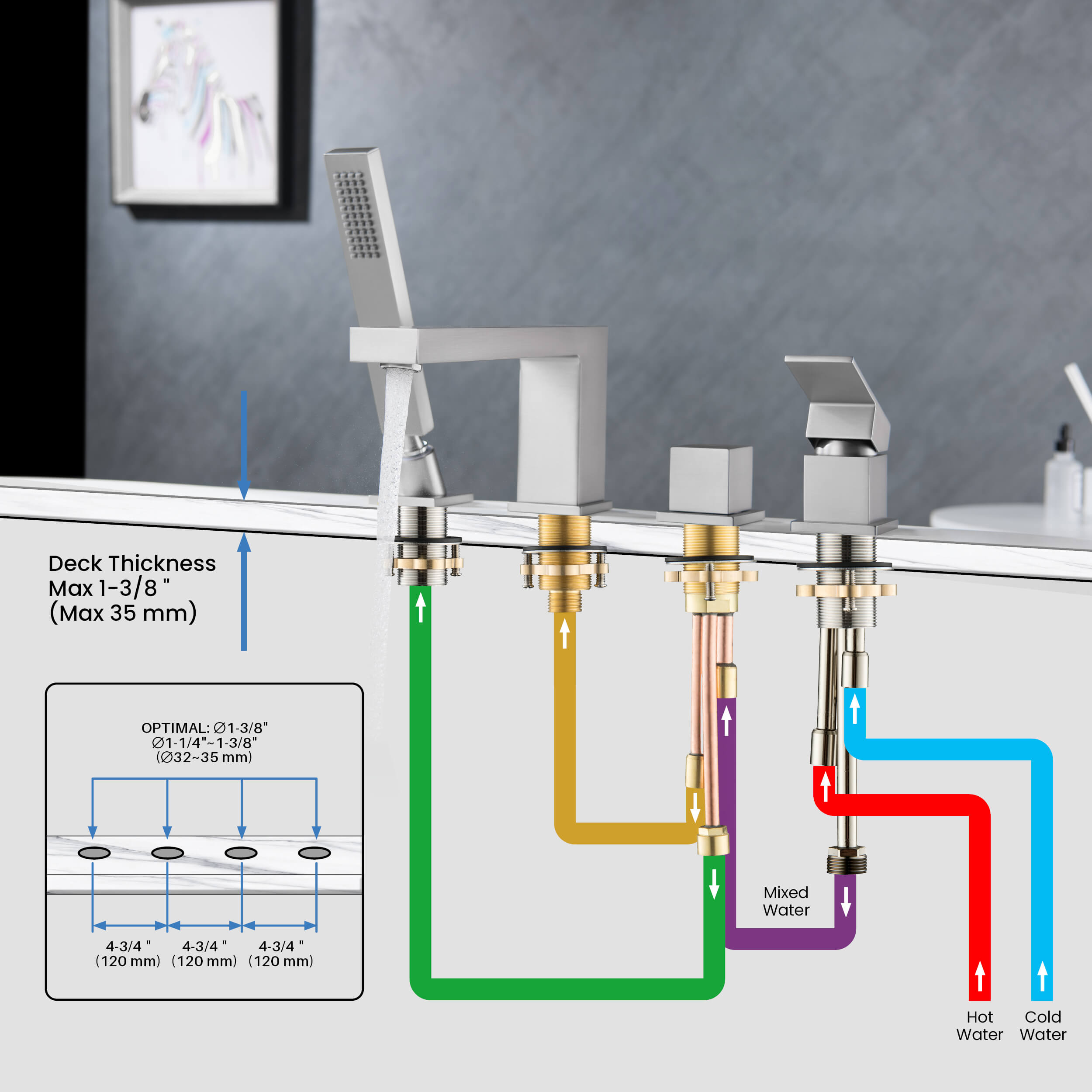 Cube Deck Mounted Bathtub Faucet with Hand Shower KTF3102