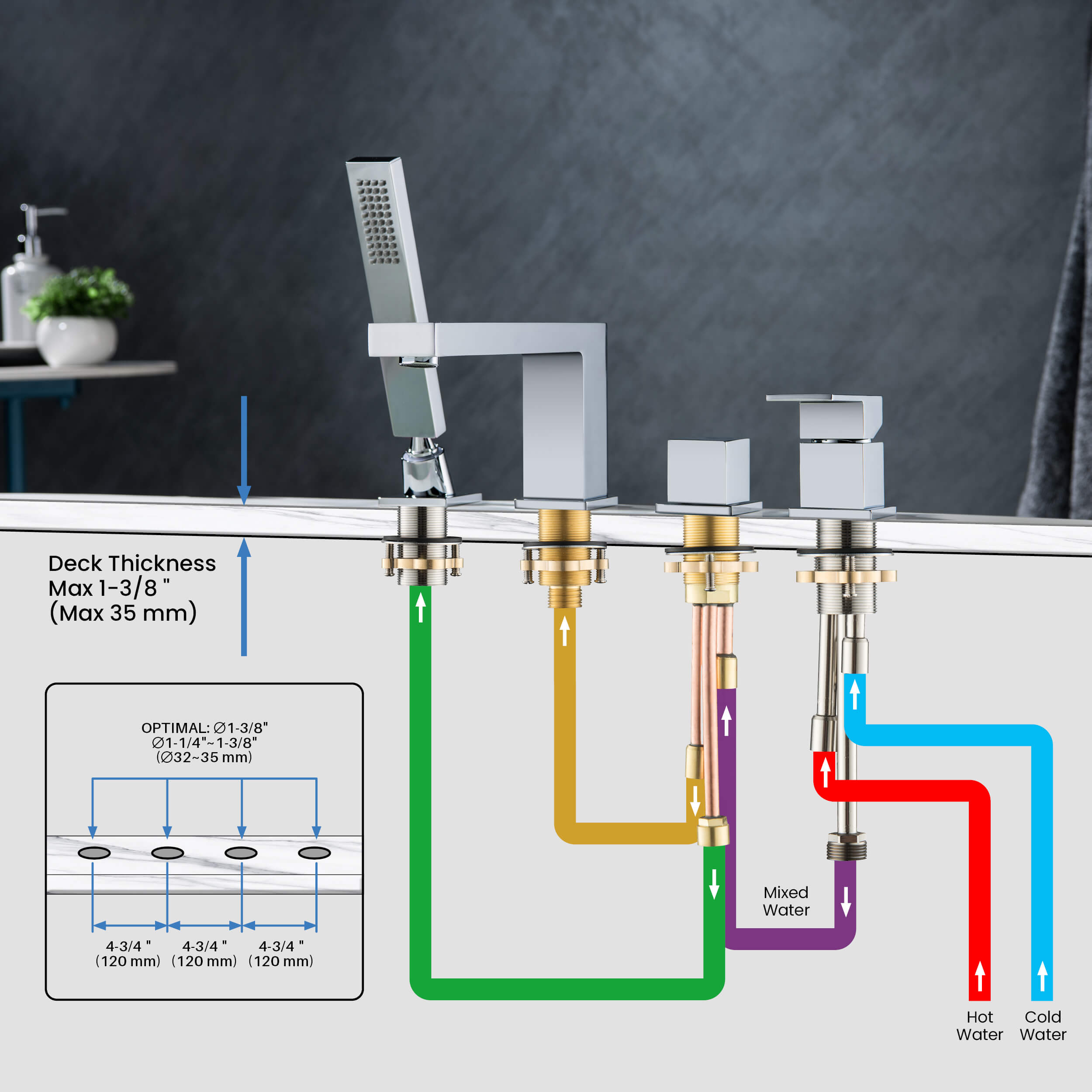 Cube Deck Mounted Bathtub Faucet with Hand Shower KTF3102