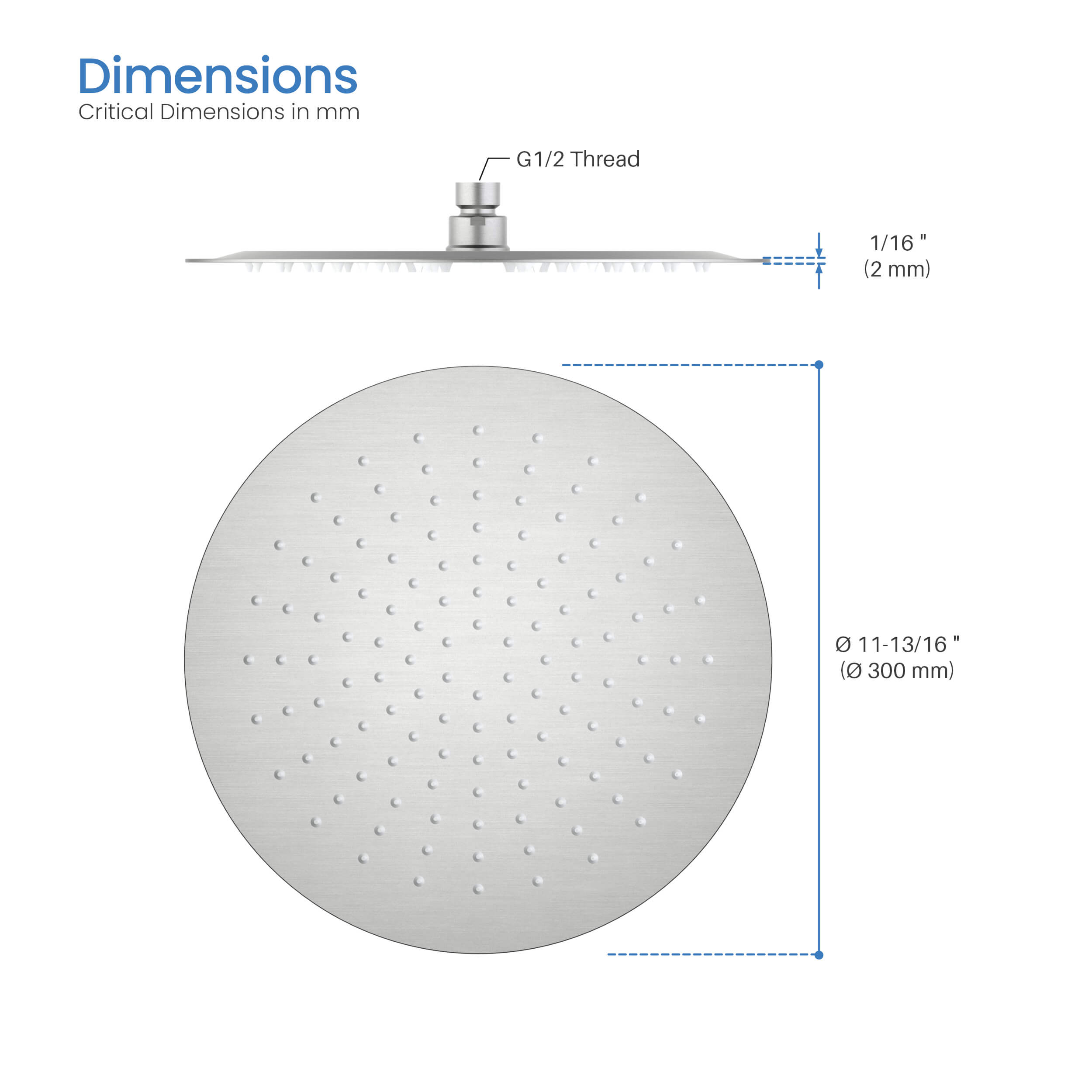 Circular 12" Metal Ultra Thin Profile Rain Shower Head 1.75 GPM SH1201