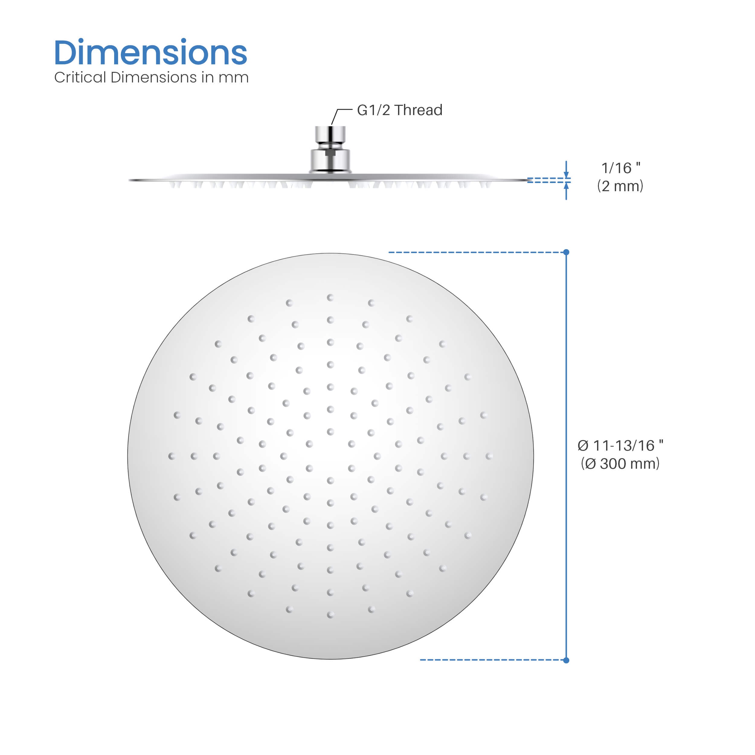 Circular 12" Metal Ultra Thin Profile Rain Shower Head 1.75 GPM SH1201