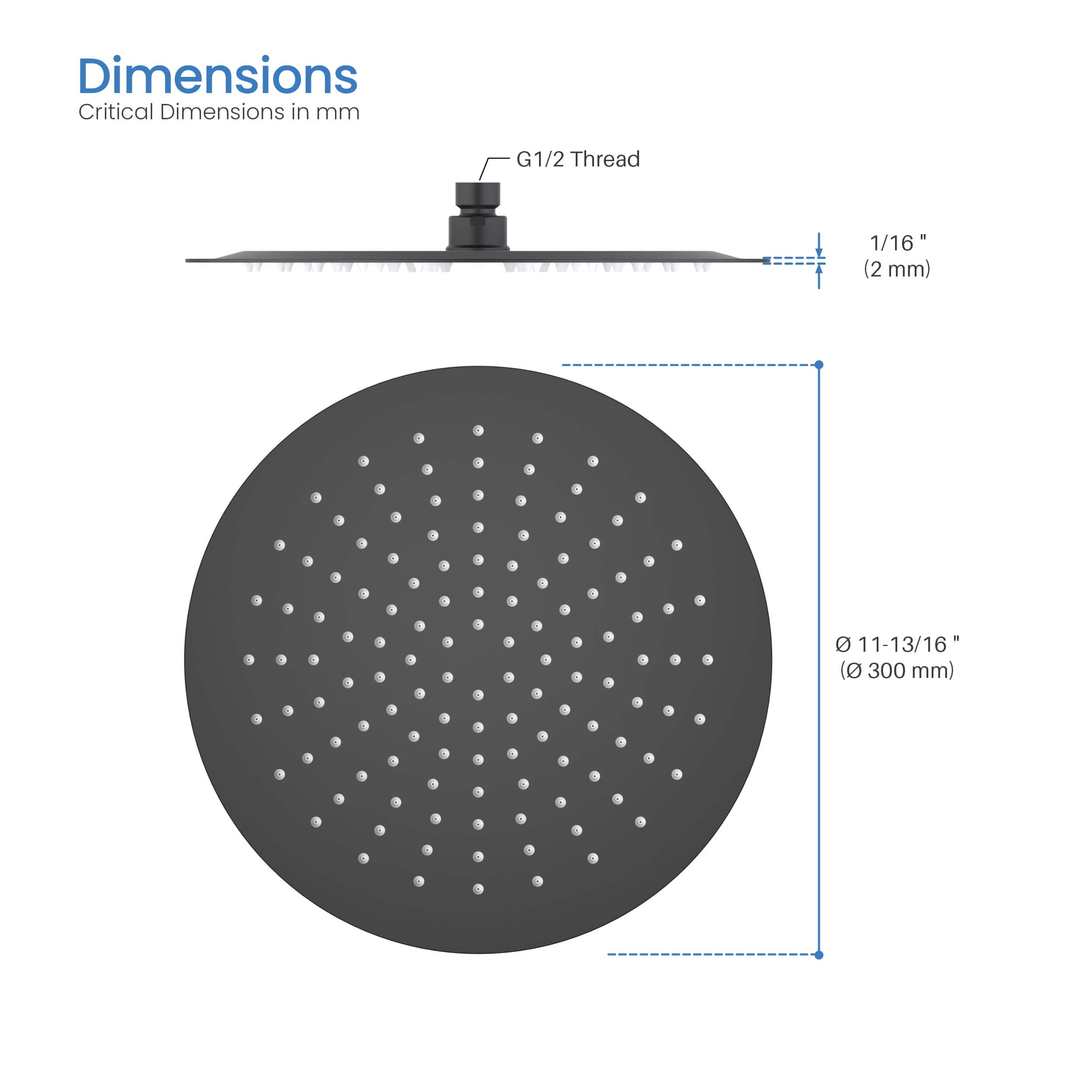 Circular 12" Metal Ultra Thin Profile Rain Shower Head 1.75 GPM SH1201