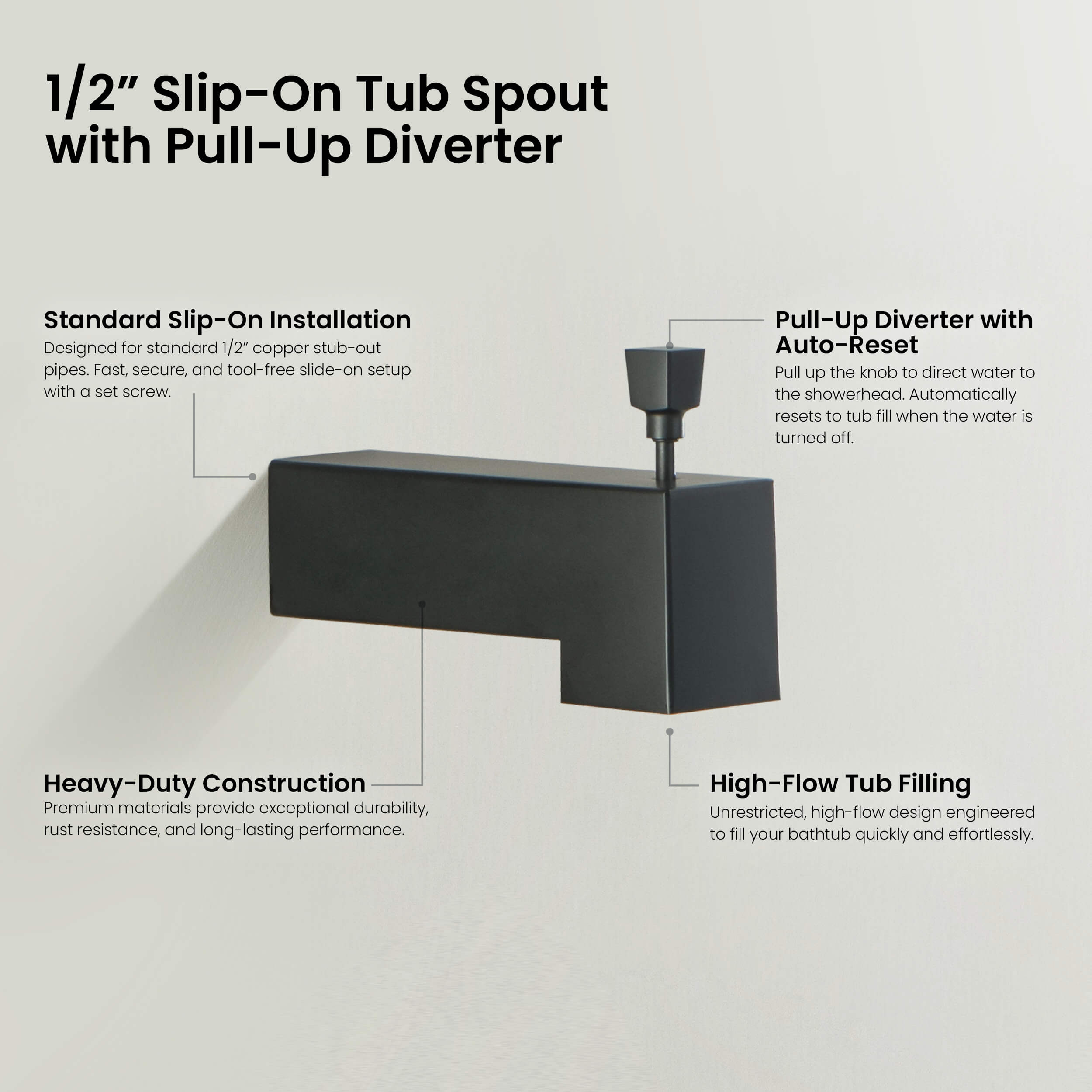 Cube Wall Mounted 1/2" Slip-On Tub Spout with Diverter - TS103