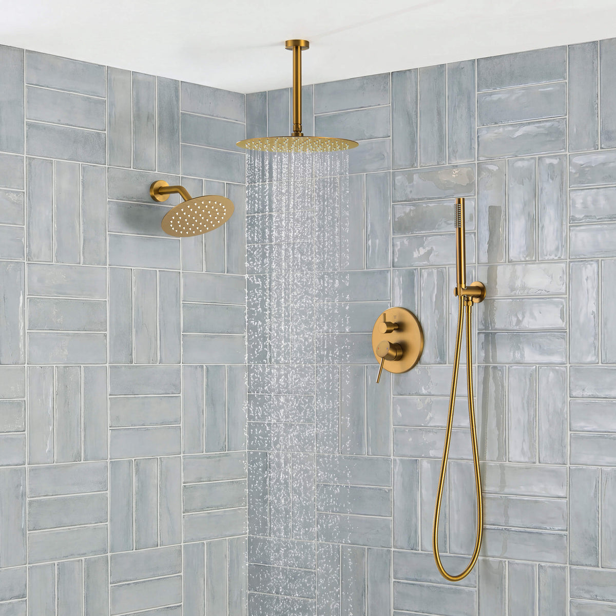 Circular 3-Function Pressure Balanced Complete Shower Faucet Set with Wall Mount, Ceiling Mount, and Handheld Shower Heads - KSF4021