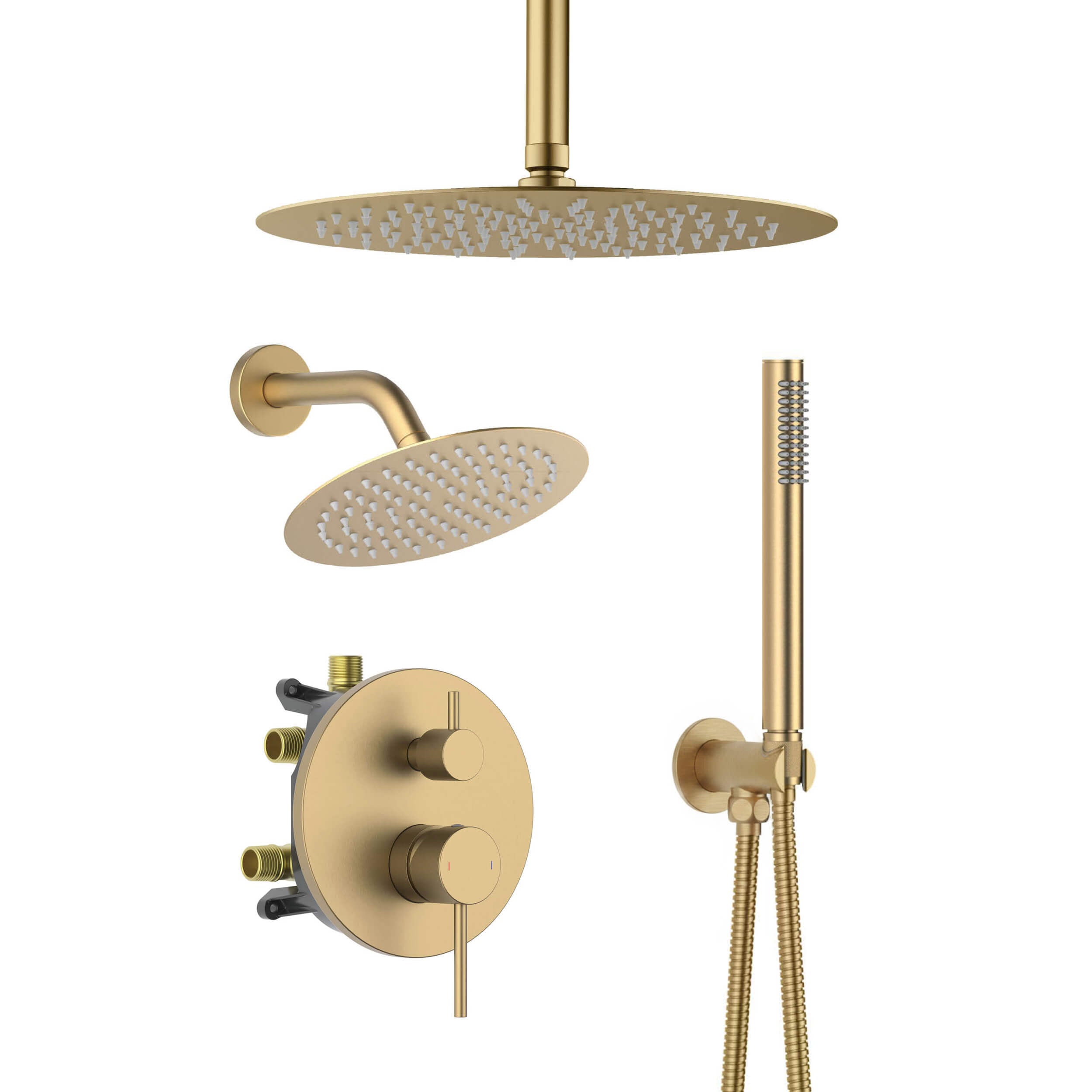 Circular 3-Function Pressure Balanced Complete Shower Faucet Set with Wall Mount, Ceiling Mount, and Handheld Shower Heads - KSF4021