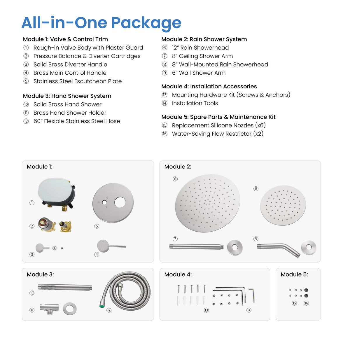 Circular 3-Function Pressure Balanced Complete Shower Faucet Set with Wall Mount, Ceiling Mount, and Handheld Shower Heads - KSF4021