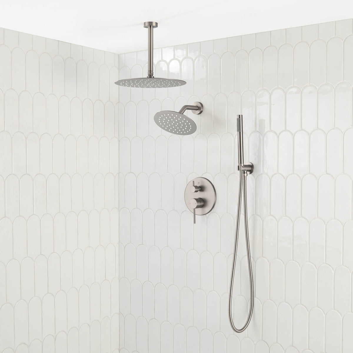 Circular 3-Function Pressure Balanced Complete Shower Faucet Set with Wall Mount, Ceiling Mount, and Handheld Shower Heads - KSF4021
