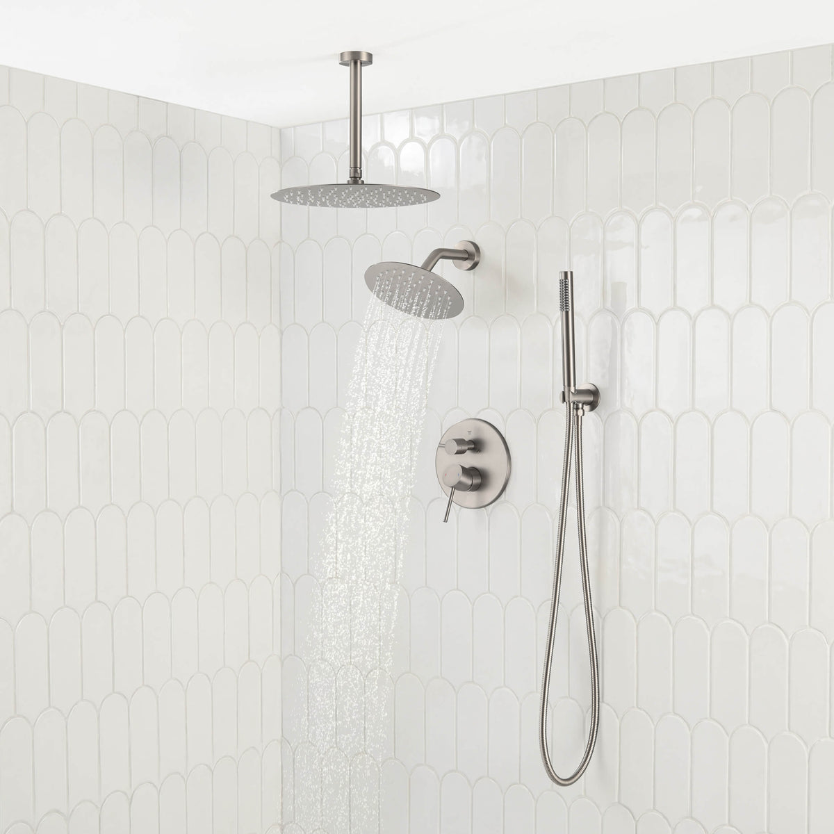 Circular 3-Function Pressure Balanced Complete Shower Faucet Set with Wall Mount, Ceiling Mount, and Handheld Shower Heads - KSF4021