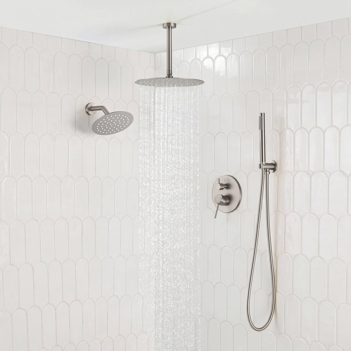 Circular 3-Function Pressure Balanced Complete Shower Faucet Set with Wall Mount, Ceiling Mount, and Handheld Shower Heads - KSF4021