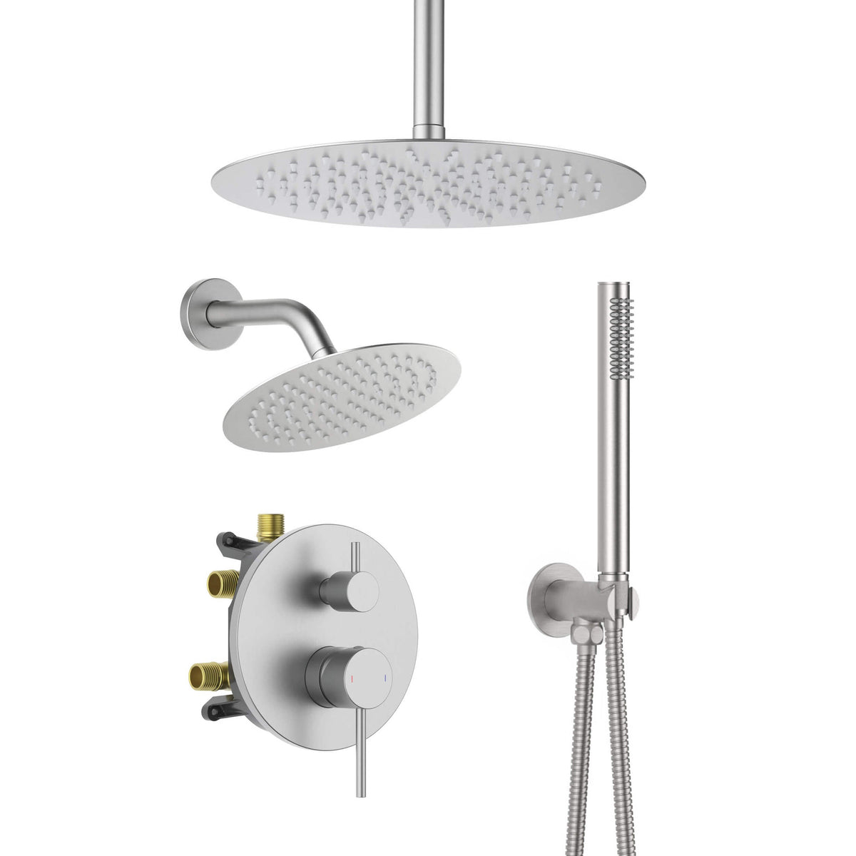 Circular 3-Function Pressure Balanced Complete Shower Faucet Set with Wall Mount, Ceiling Mount, and Handheld Shower Heads - KSF4021