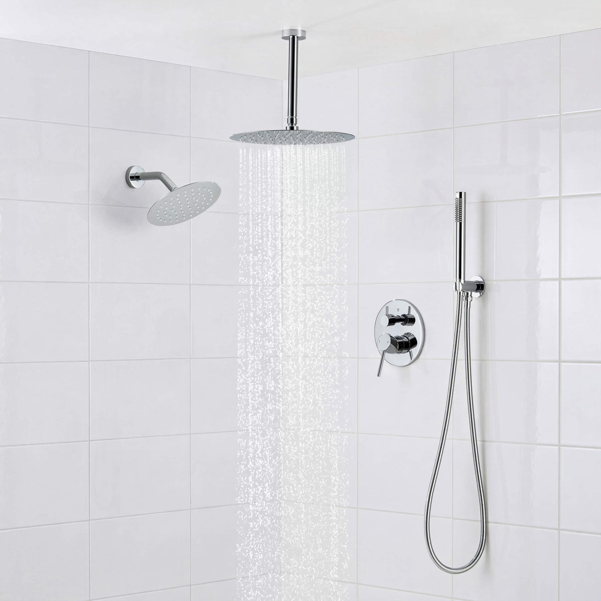 Circular 3-Function Pressure Balanced Complete Shower Faucet Set with Wall Mount, Ceiling Mount, and Handheld Shower Heads - KSF4021