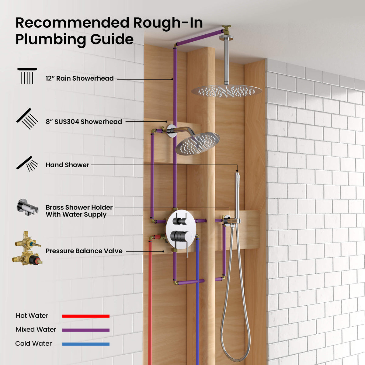 Circular 3-Function Pressure Balanced Complete Shower Faucet Set with Wall Mount, Ceiling Mount, and Handheld Shower Heads - KSF4021