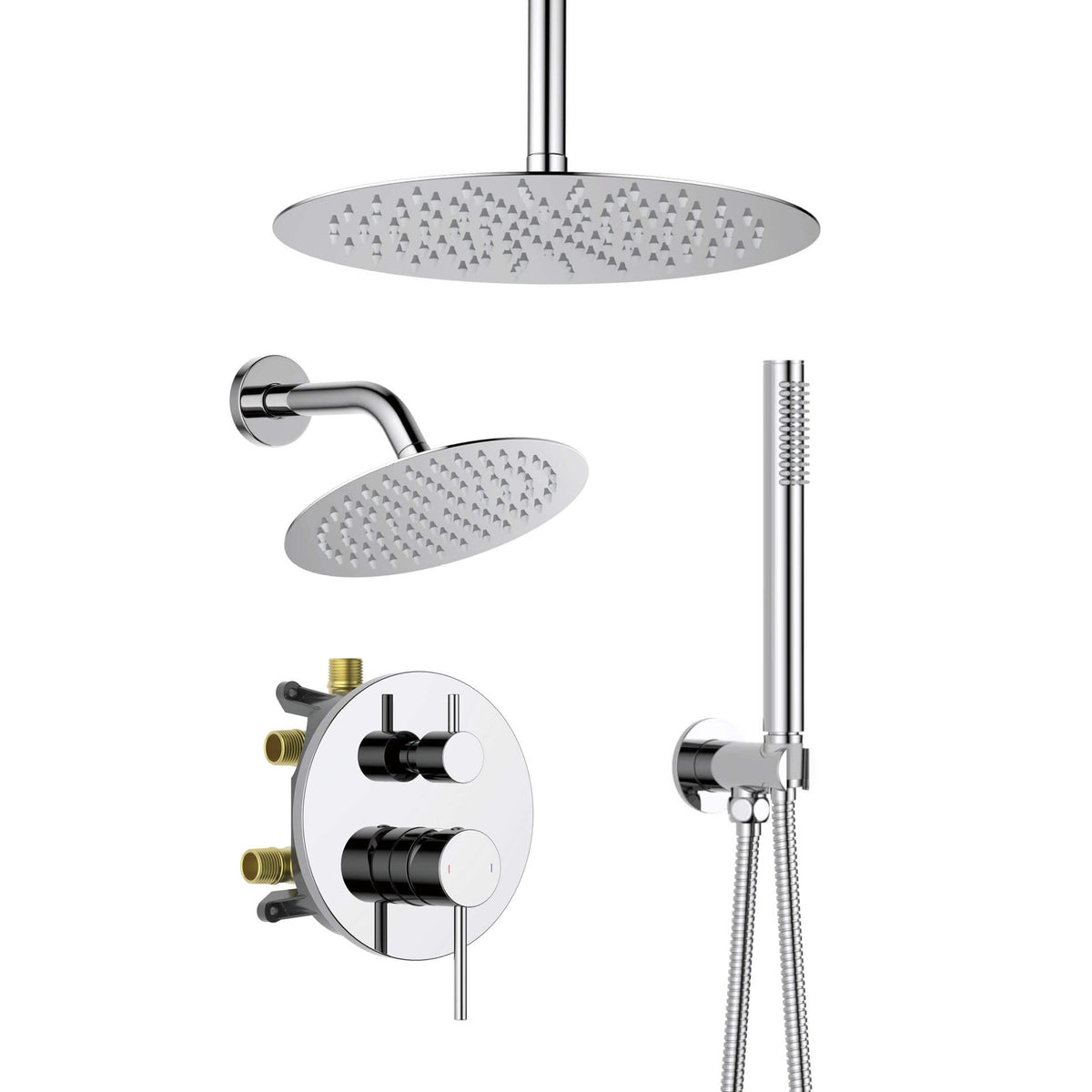 Circular 3-Function Pressure Balanced Complete Shower Faucet Set with Wall Mount, Ceiling Mount, and Handheld Shower Heads - KSF4021
