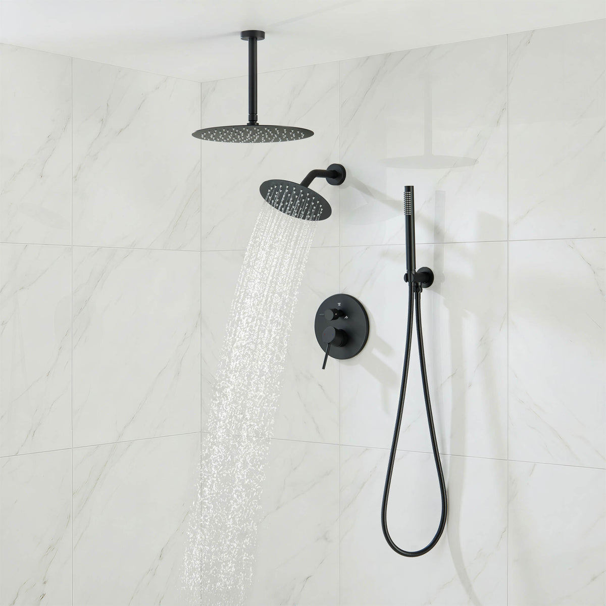 Circular 3-Function Pressure Balanced Complete Shower Faucet Set with Wall Mount, Ceiling Mount, and Handheld Shower Heads - KSF4021