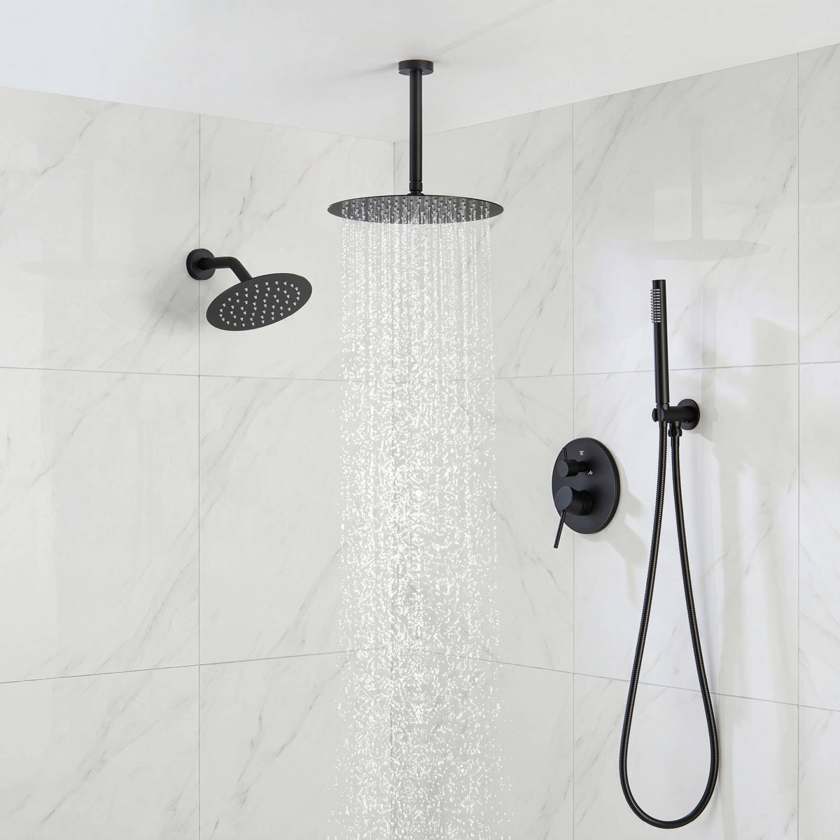 Circular 3-Function Pressure Balanced Complete Shower Faucet Set with Wall Mount, Ceiling Mount, and Handheld Shower Heads - KSF4021