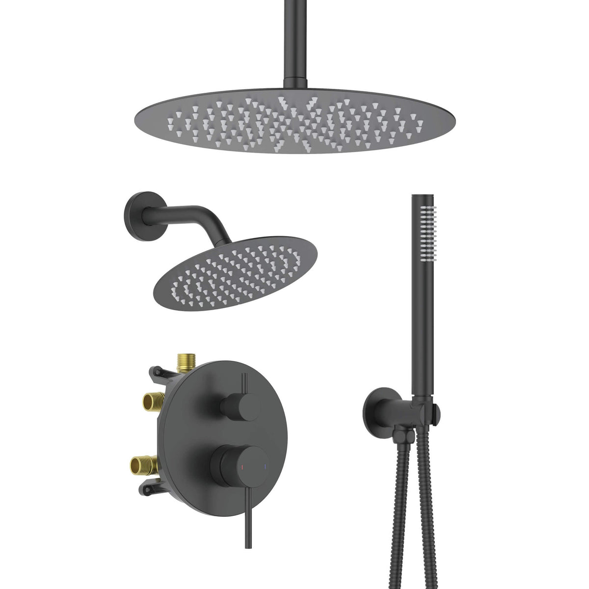 Circular 3-Function Pressure Balanced Complete Shower Faucet Set with Wall Mount, Ceiling Mount, and Handheld Shower Heads - KSF4021