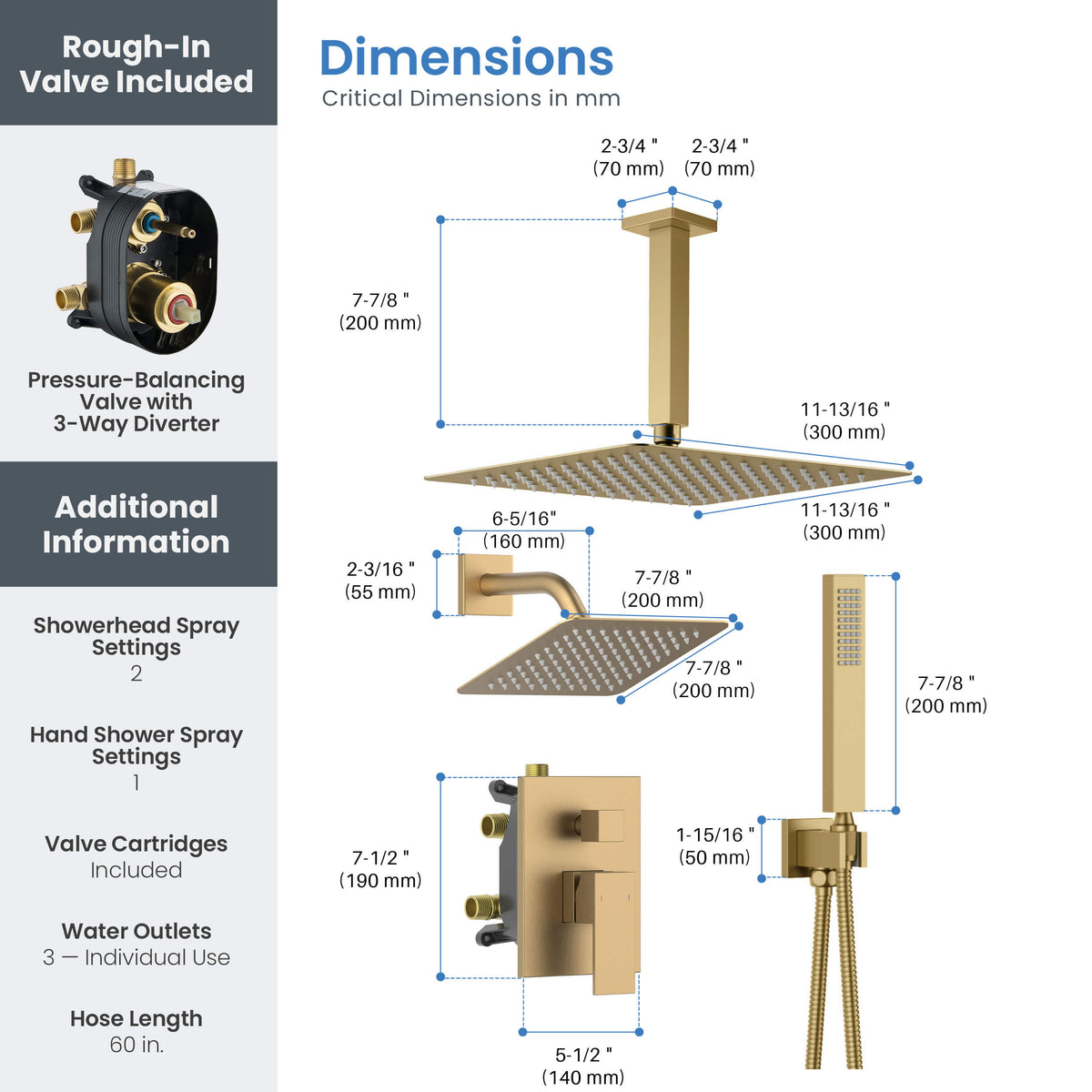 Cube 3-Function Pressure Balanced Complete Shower Faucet Set with Wall Mount, Ceiling Mount, and Handheld Shower Heads - KSF4022