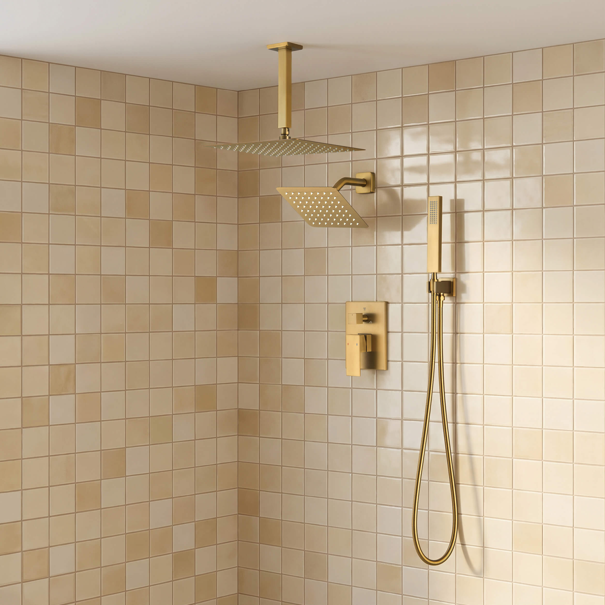 Cube 3-Function Pressure Balanced Complete Shower Faucet Set with Wall Mount, Ceiling Mount, and Handheld Shower Heads - KSF4022