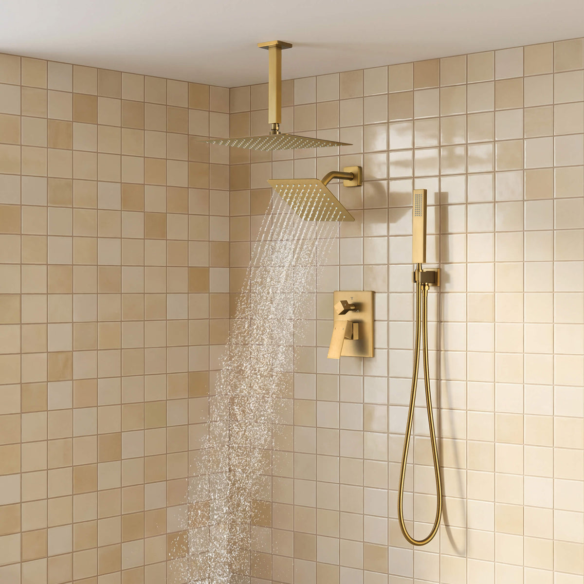 Cube 3-Function Pressure Balanced Complete Shower Faucet Set with Wall Mount, Ceiling Mount, and Handheld Shower Heads - KSF4022