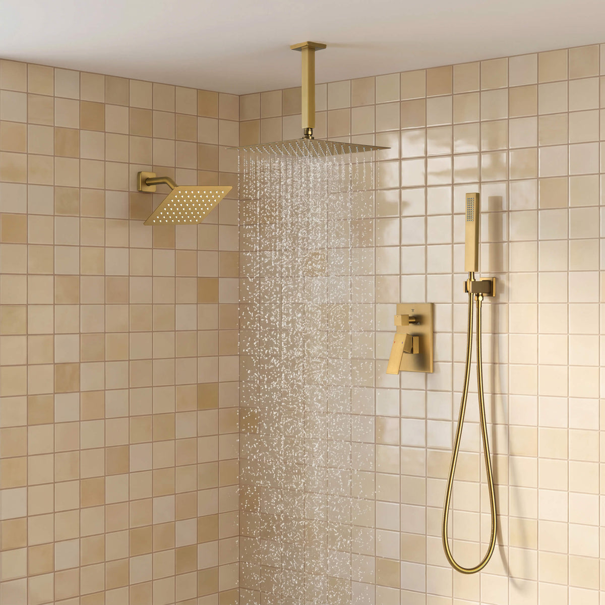 Cube 3-Function Pressure Balanced Complete Shower Faucet Set with Wall Mount, Ceiling Mount, and Handheld Shower Heads - KSF4022