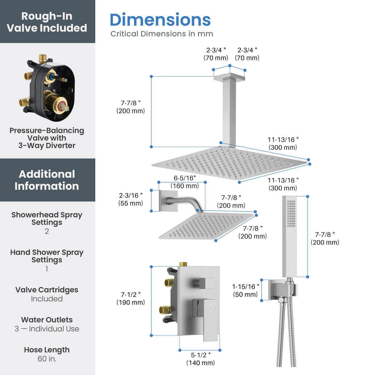 Cube 3-Function Pressure Balanced Complete Shower Faucet Set with Wall Mount, Ceiling Mount, and Handheld Shower Heads - KSF4022