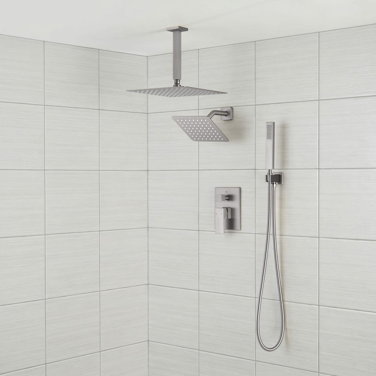 Cube 3-Function Pressure Balanced Complete Shower Faucet Set with Wall Mount, Ceiling Mount, and Handheld Shower Heads - KSF4022