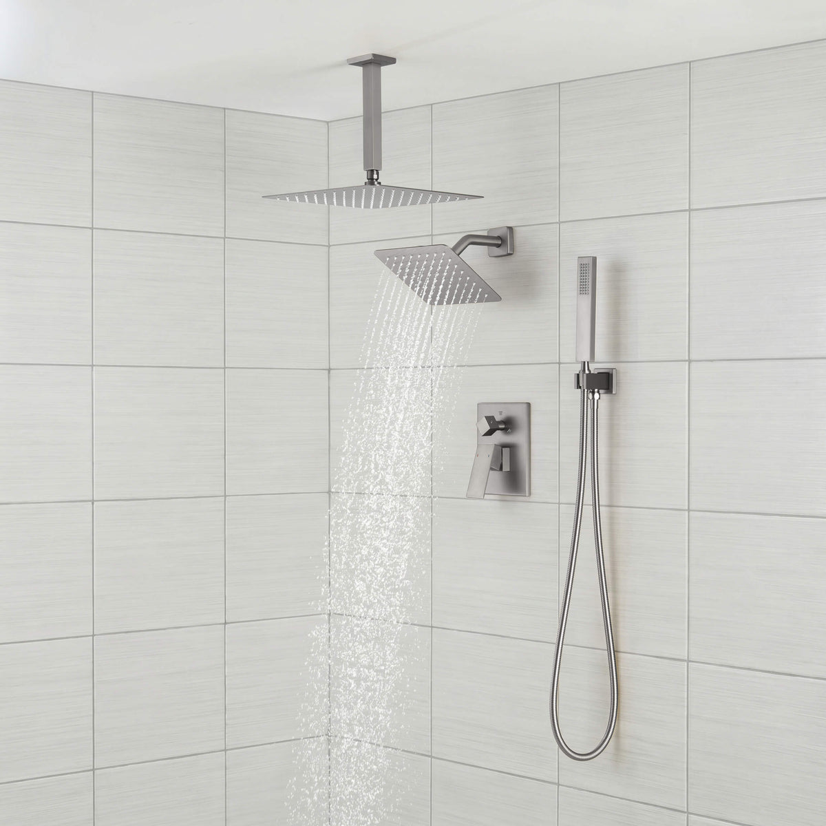 Cube 3-Function Pressure Balanced Complete Shower Faucet Set with Wall Mount, Ceiling Mount, and Handheld Shower Heads - KSF4022
