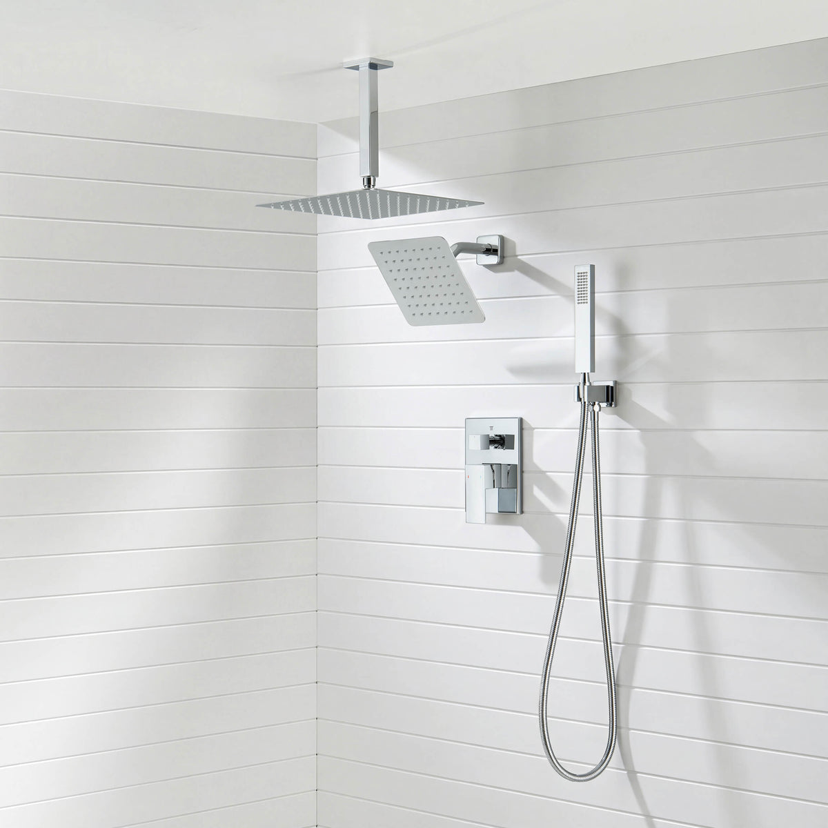 Cube 3-Function Pressure Balanced Complete Shower Faucet Set with Wall Mount, Ceiling Mount, and Handheld Shower Heads - KSF4022