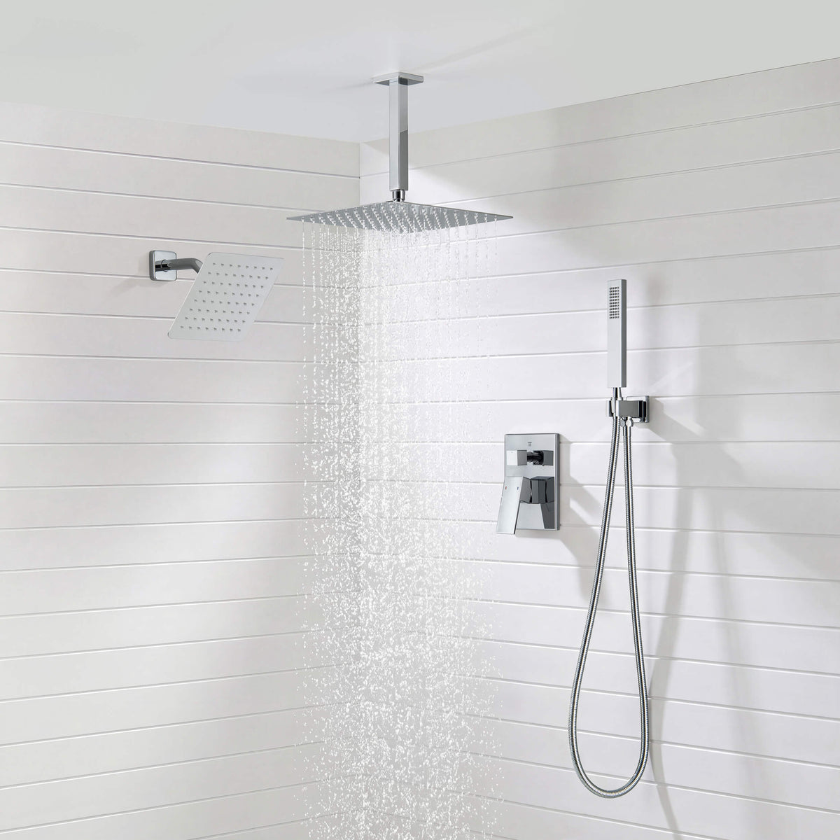 Cube 3-Function Pressure Balanced Complete Shower Faucet Set with Wall Mount, Ceiling Mount, and Handheld Shower Heads - KSF4022