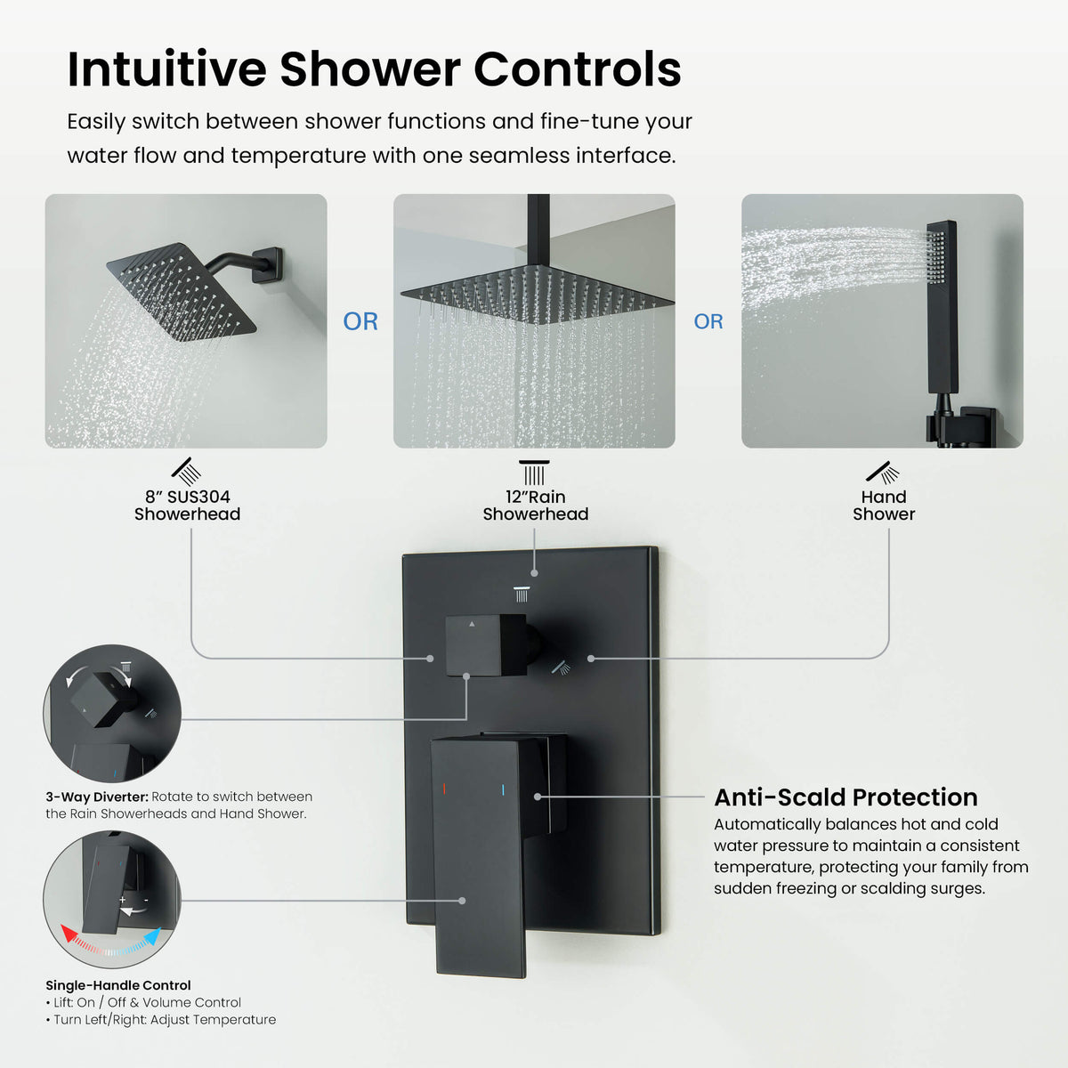 Cube 3-Function Pressure Balanced Complete Shower Faucet Set with Wall Mount, Ceiling Mount, and Handheld Shower Heads - KSF4022