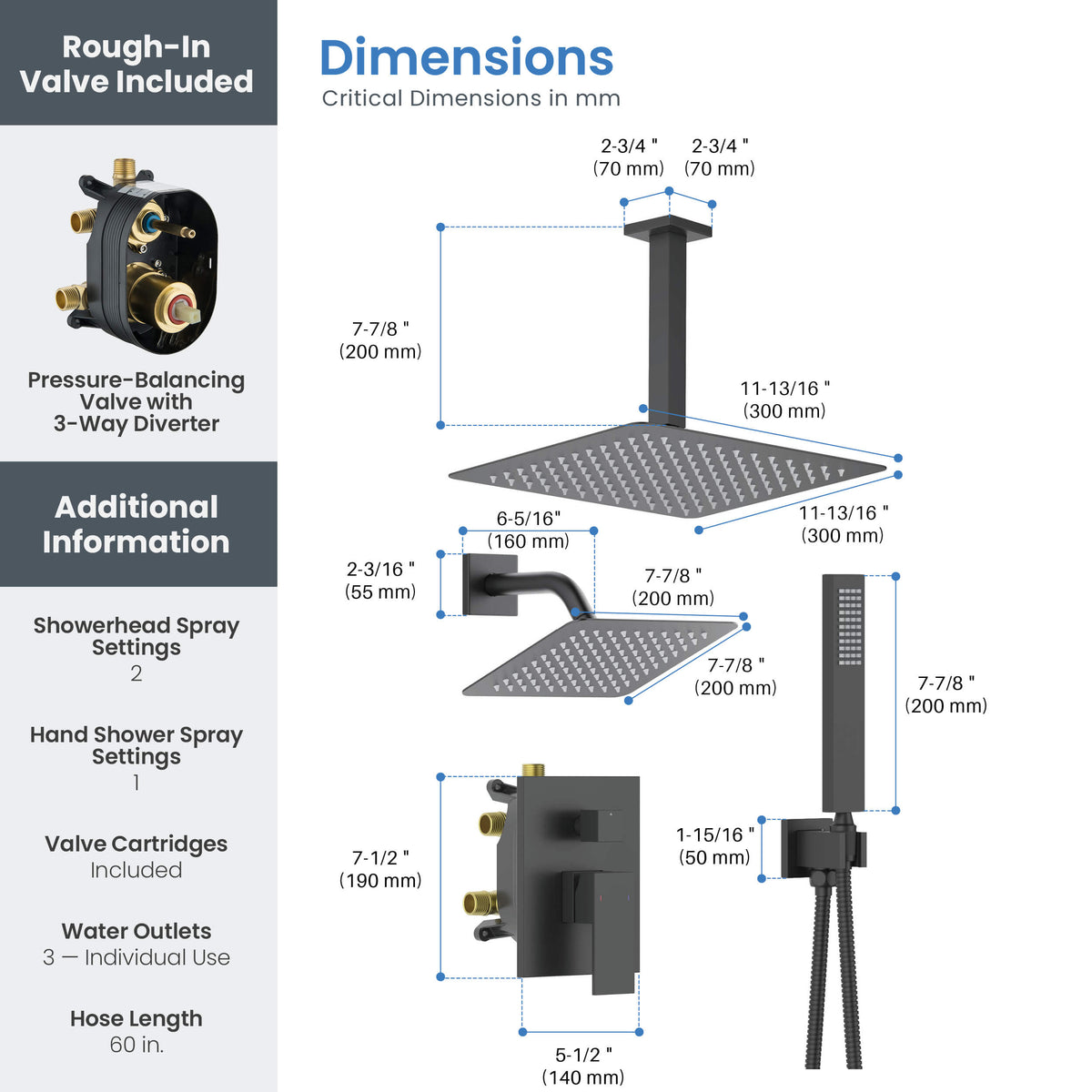 Cube 3-Function Pressure Balanced Complete Shower Faucet Set with Wall Mount, Ceiling Mount, and Handheld Shower Heads - KSF4022