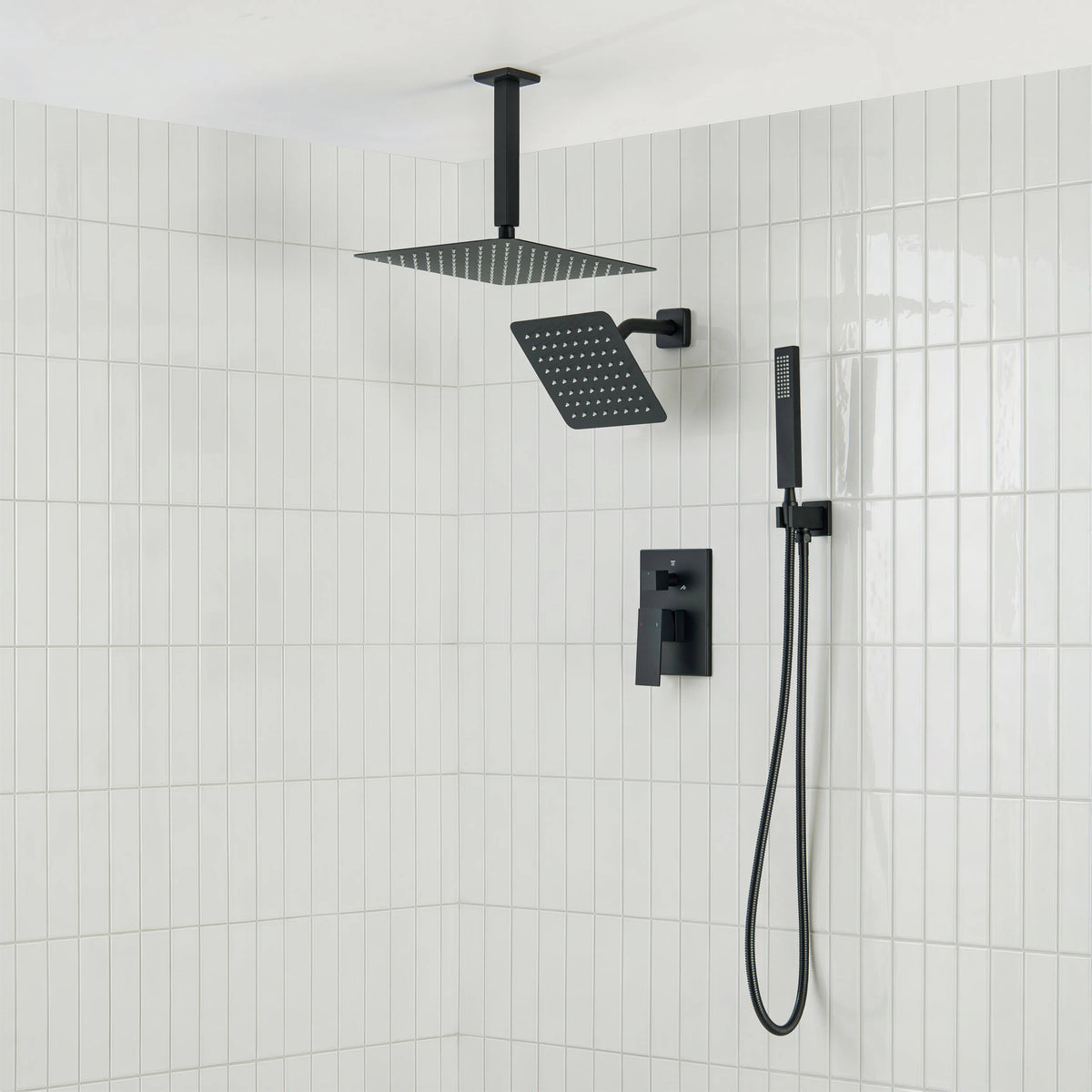 Cube 3-Function Pressure Balanced Complete Shower Faucet Set with Wall Mount, Ceiling Mount, and Handheld Shower Heads - KSF4022