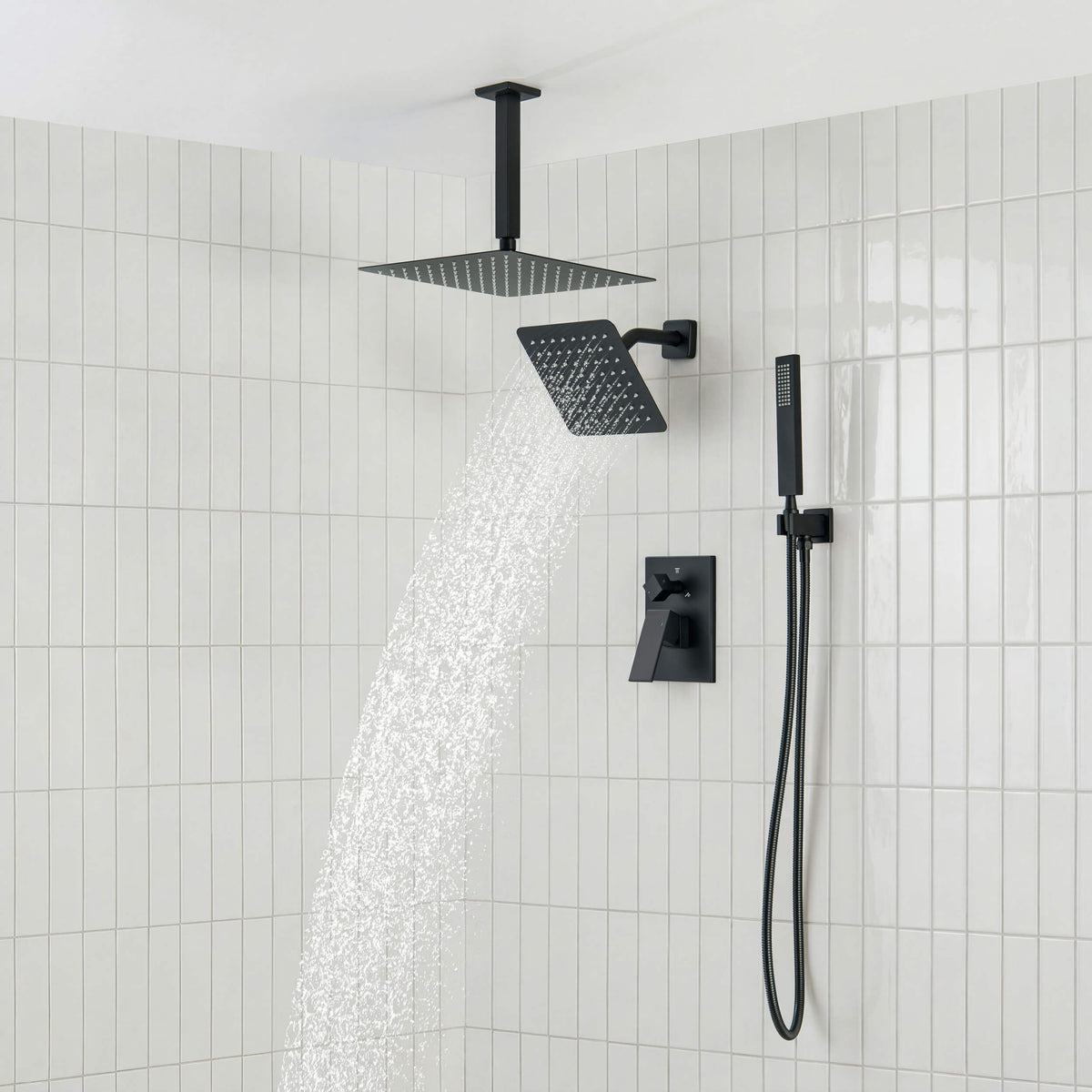Cube 3-Function Pressure Balanced Complete Shower Faucet Set with Wall Mount, Ceiling Mount, and Handheld Shower Heads - KSF4022
