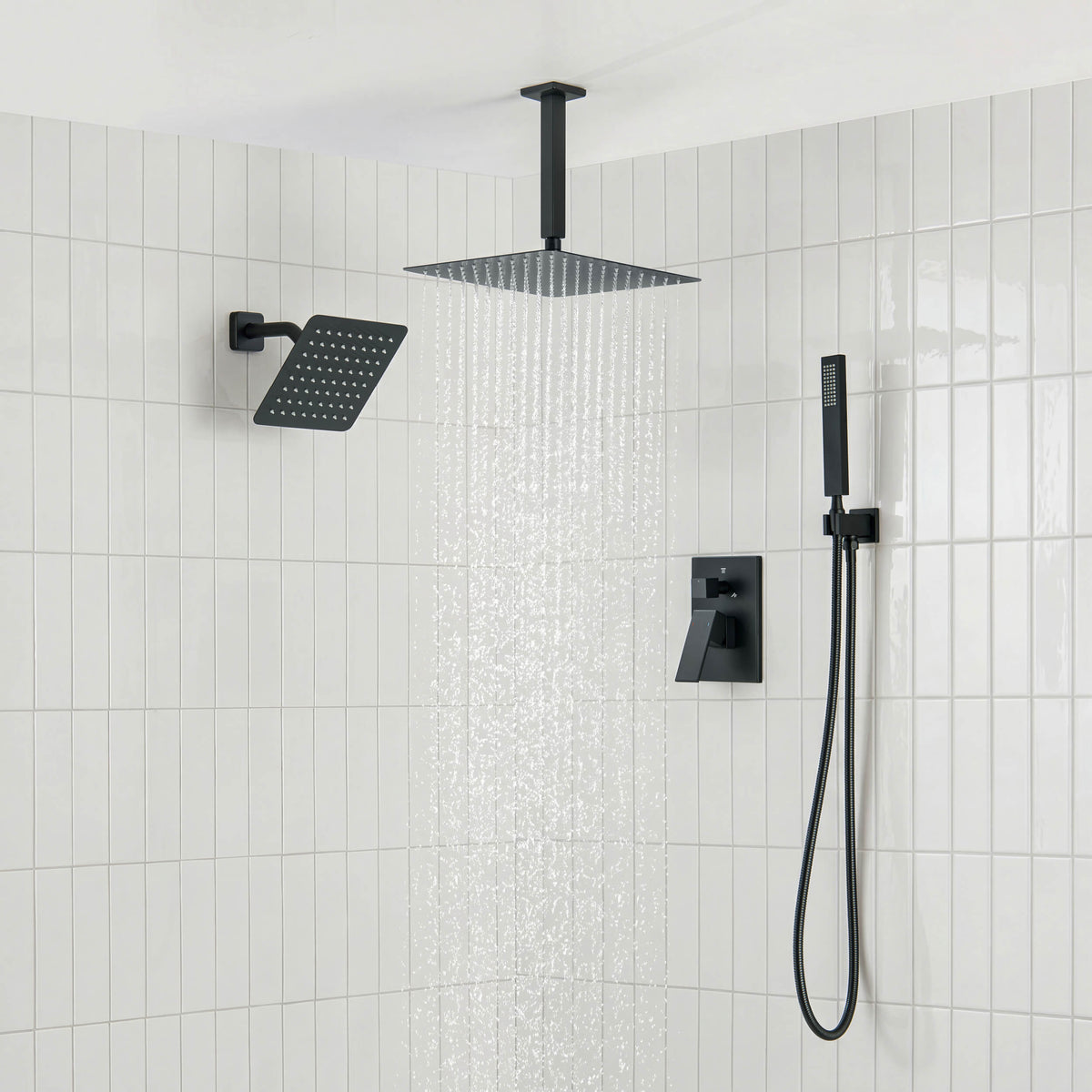 Cube 3-Function Pressure Balanced Complete Shower Faucet Set with Wall Mount, Ceiling Mount, and Handheld Shower Heads - KSF4022