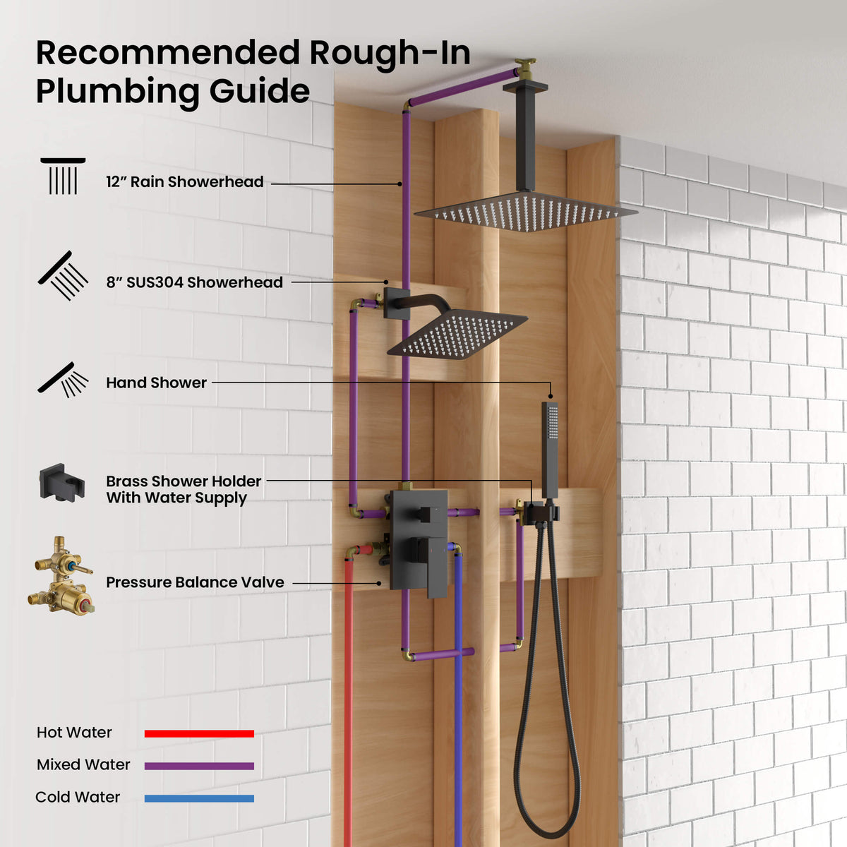 Cube 3-Function Pressure Balanced Complete Shower Faucet Set with Wall Mount, Ceiling Mount, and Handheld Shower Heads - KSF4022