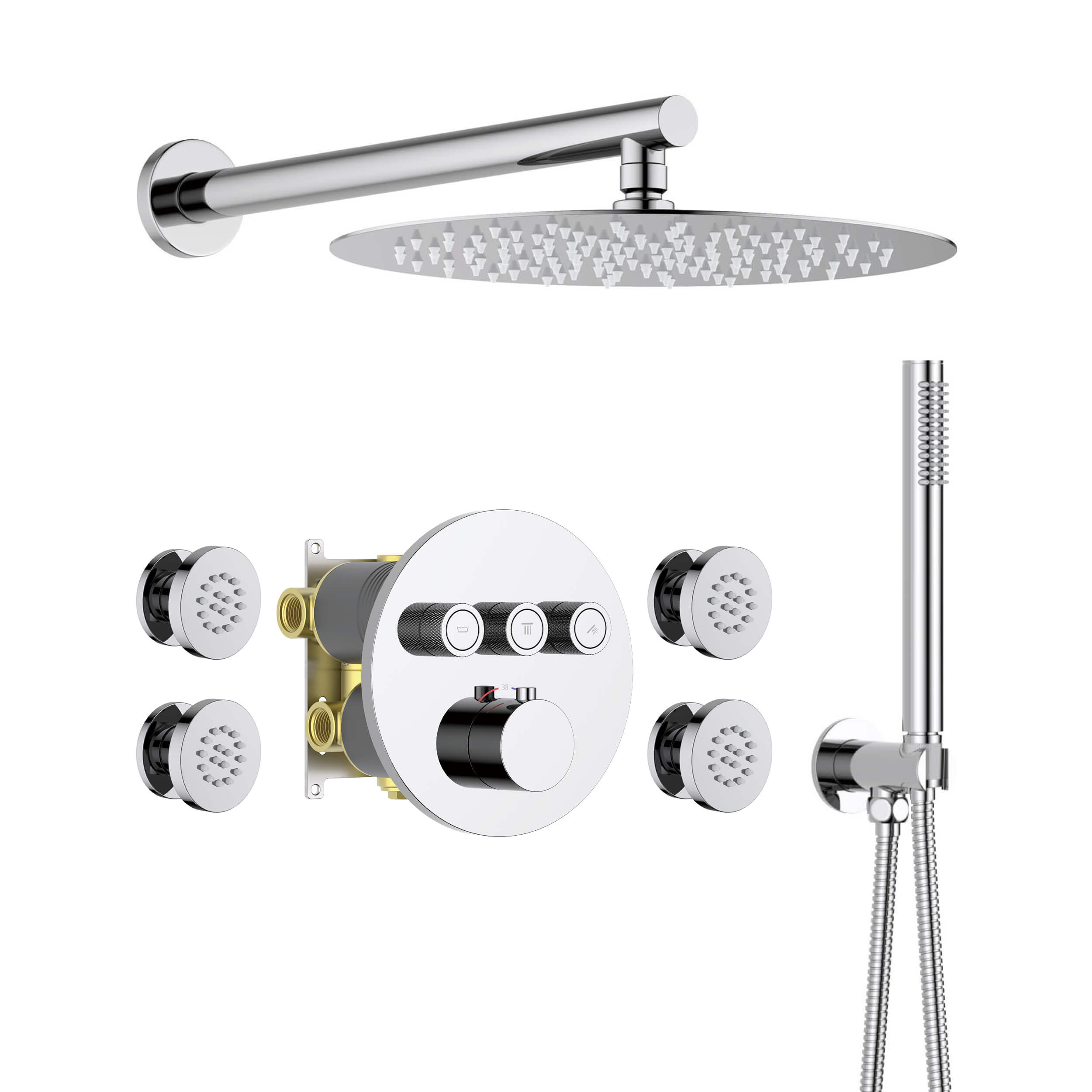 Circular 3-Function Thermostatic Complete Shower Faucet Set with Wall-Mount Rainshower, Handheld Shower, and Body Jets - KSF4025