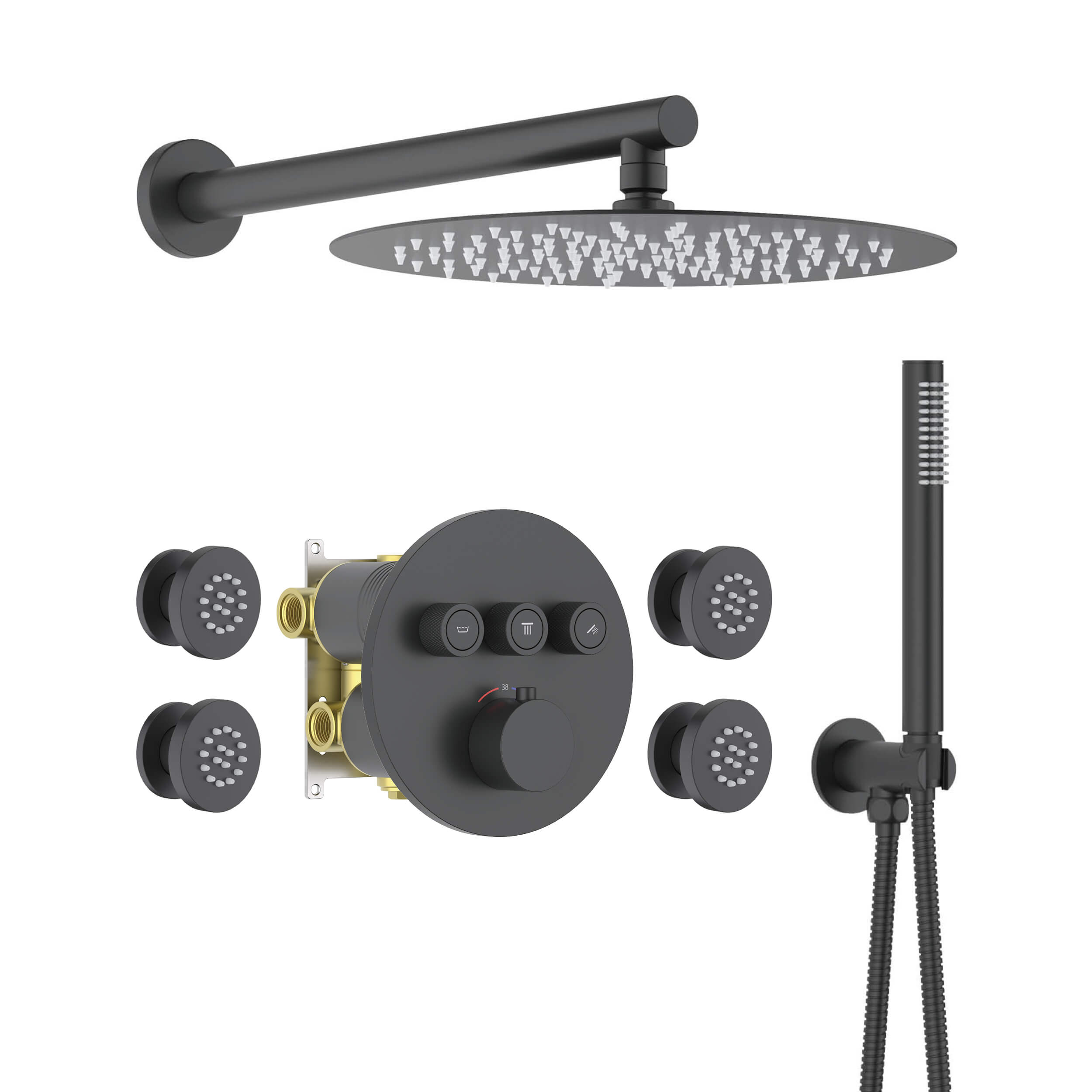 Circular 3-Function Thermostatic Complete Shower Faucet Set with Wall-Mount Rainshower, Handheld Shower, and Body Jets - KSF4025