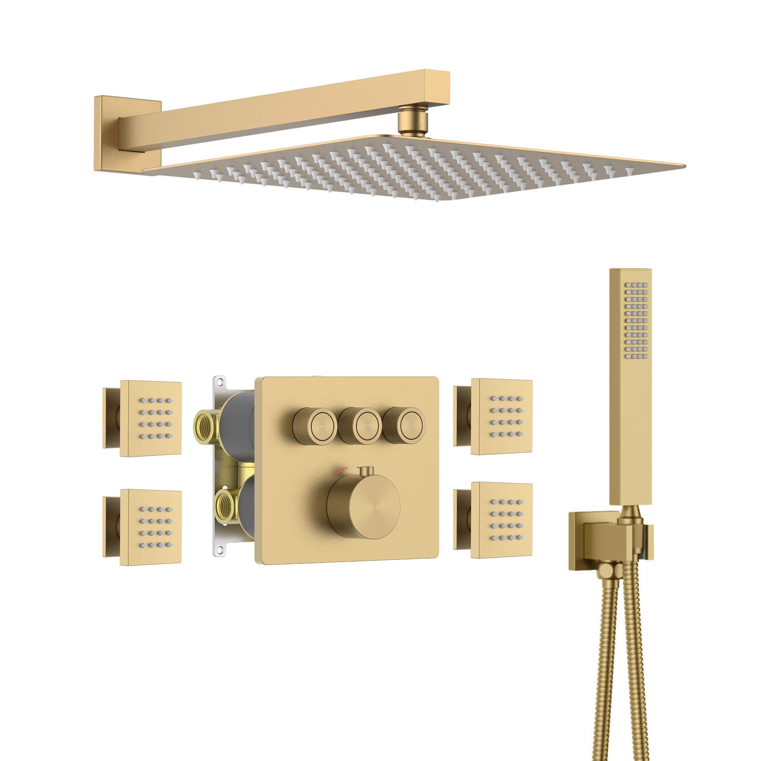 Cube 3-Function Thermostatic Complete Shower Faucet Set with Wall-Mount Rainshower, Handheld Shower, and Body Jets - KSF4026