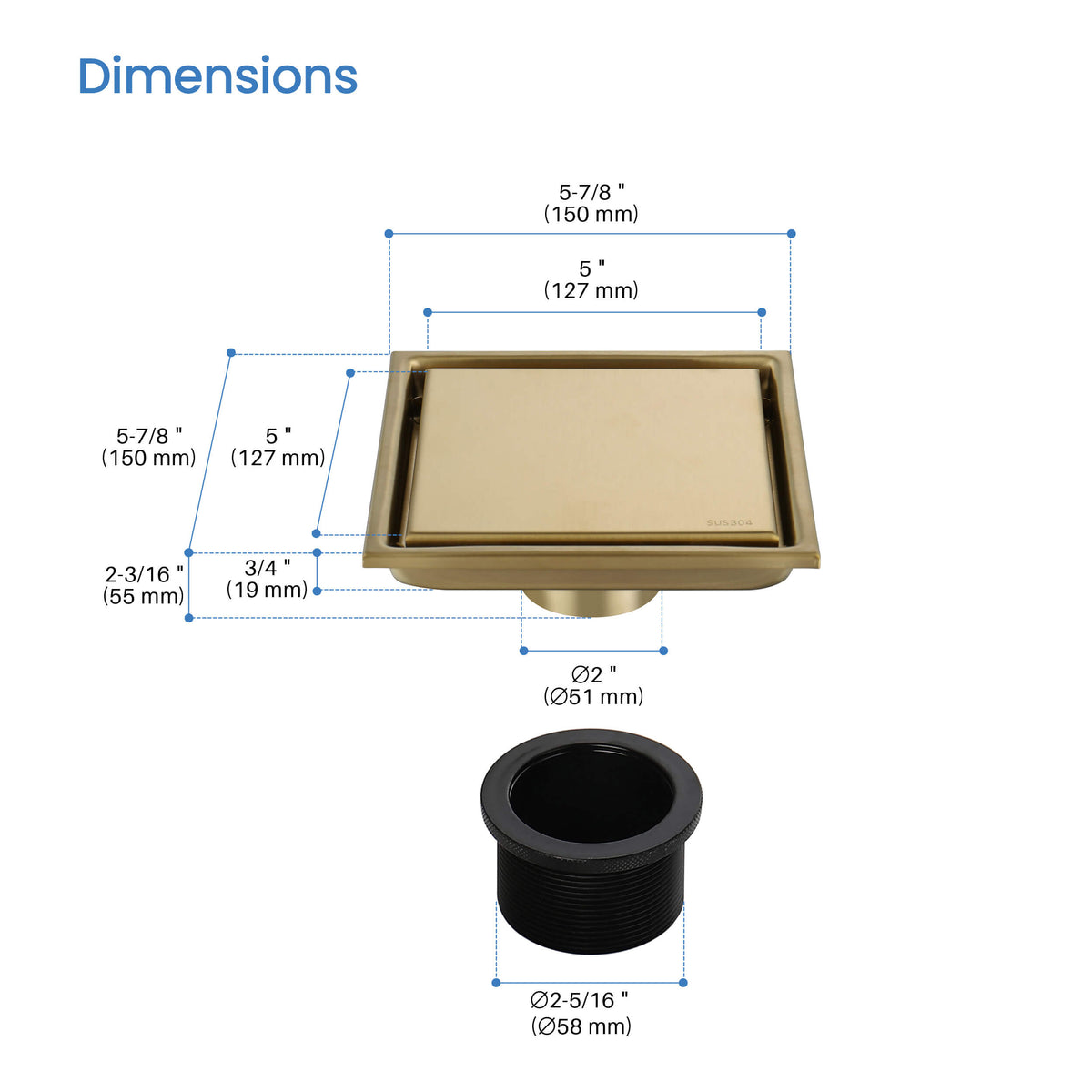 6 inch Square Reversible Tile-In Shower Drain - KFD0601